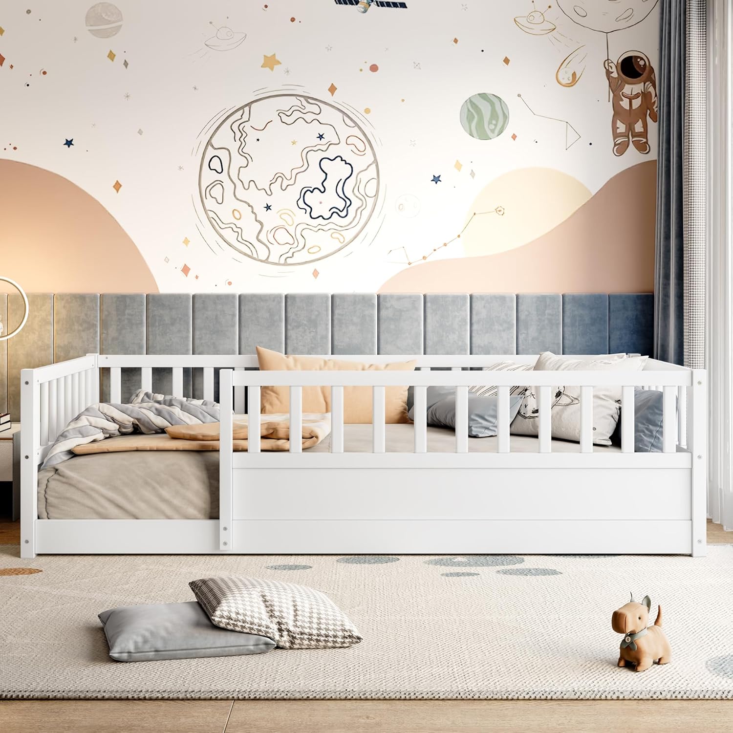 SOFTSEA Twin Size Floor Bed Frame for Kids, Wood Platform Bed with Guardrails on Both Sides, Montessori Low Profile Bed Frame for Kids, Boys & Girls, No Box Spring Needed, White