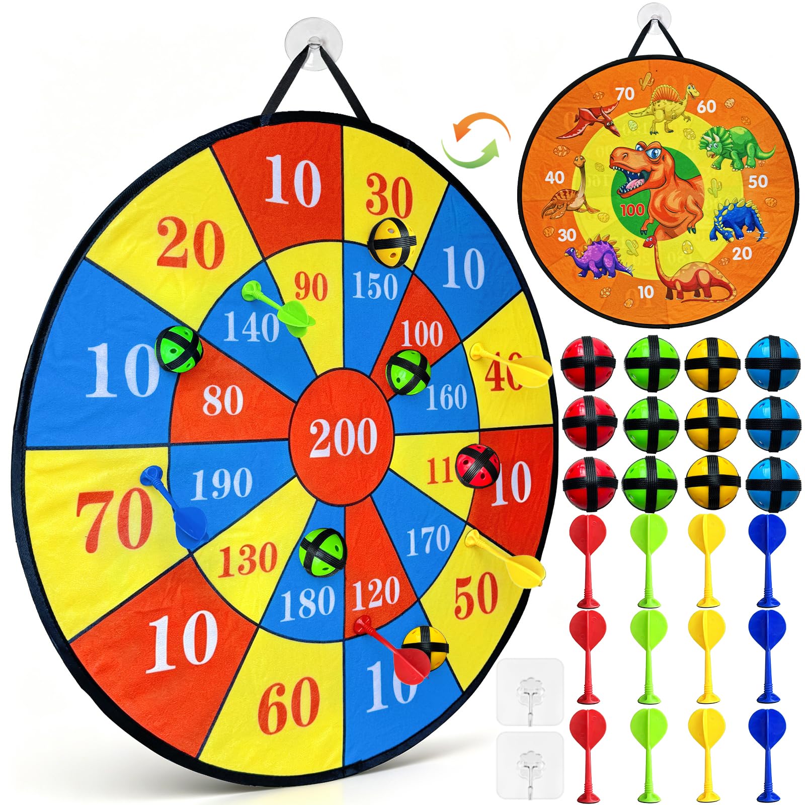 Kulveanju Kids Dart Board Set - 26 Inches Double Sided Target Dart Board with 12 Sticky Balls & 12 Darts, Garden Birthday Party Indoor Outdoor Toys Games, Gifts for Toddler Boys Girls Adult, Dinosaur