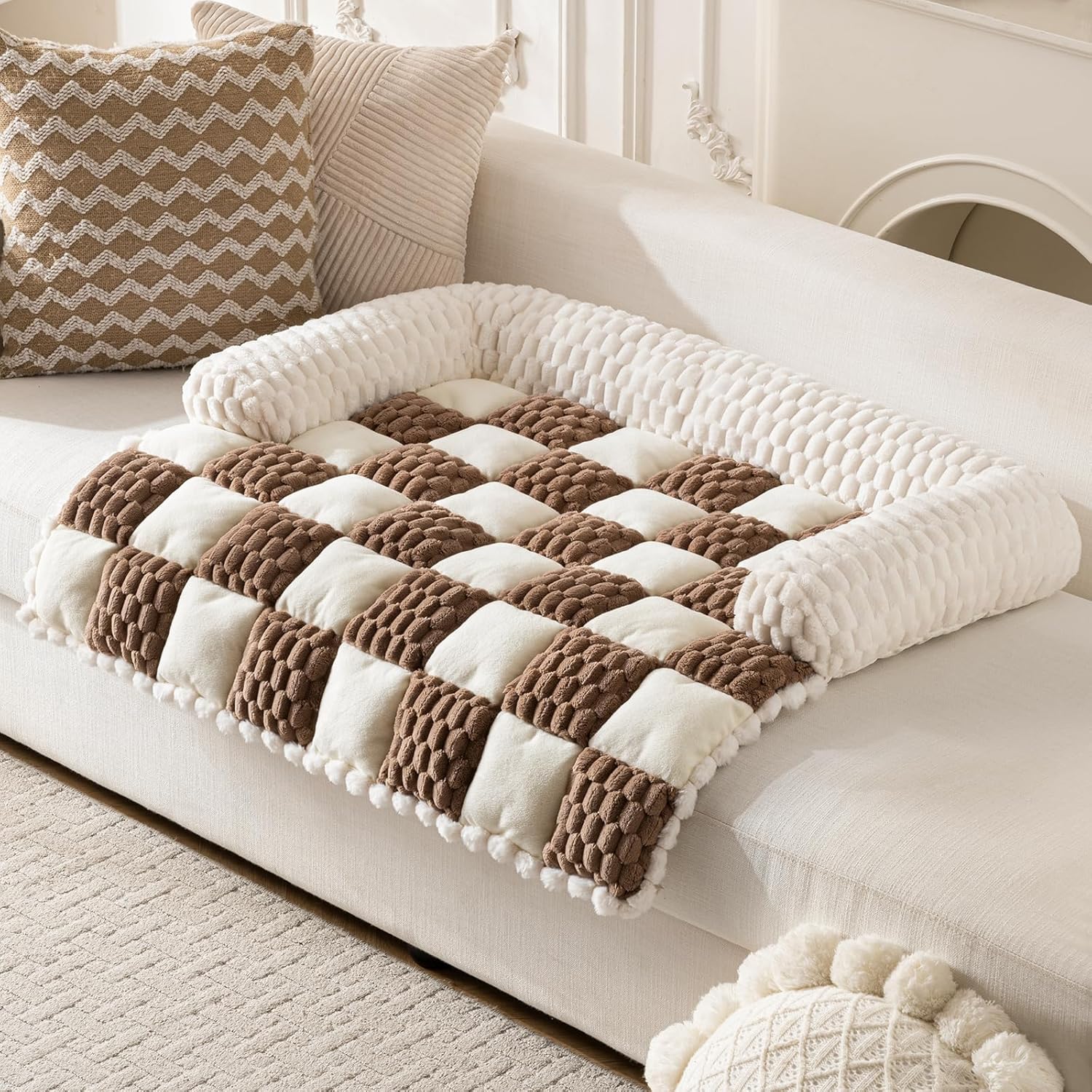 Calming Dog Bed Mats, Thick Flannel Mat for Pets Dog Pad, Washable Non-Slip Couch Protector Pet Friendly Dog Mat for Couch and Sofa(Brown, M-33.45 x 30.71 inch)