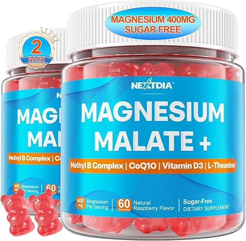 Gomitas de malato de magnesio  Magnesio 400 mg, L-5-MTHF Folato 680mcg, metil B12, B6, L-teanina y CoQ10  Complejo de magnesio metilado sin azúcar