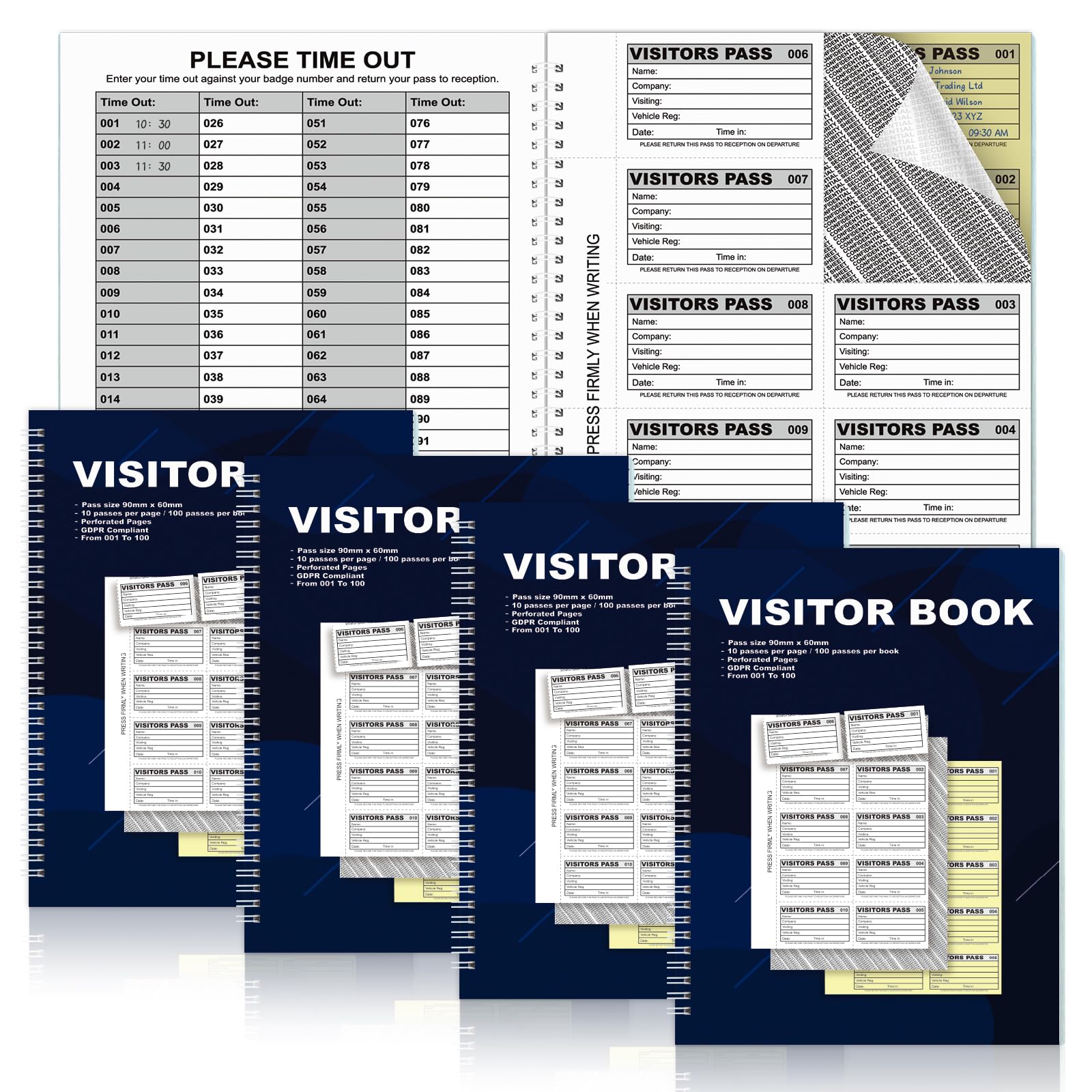 5 Pack GDPR Compliant A4 Visitors Sign in Out Book Confidential Hidden Name Carbonless Log Book with 100 Perforated 90x60mm Duplicate Badge Inserts for School Workplace Office Reception
