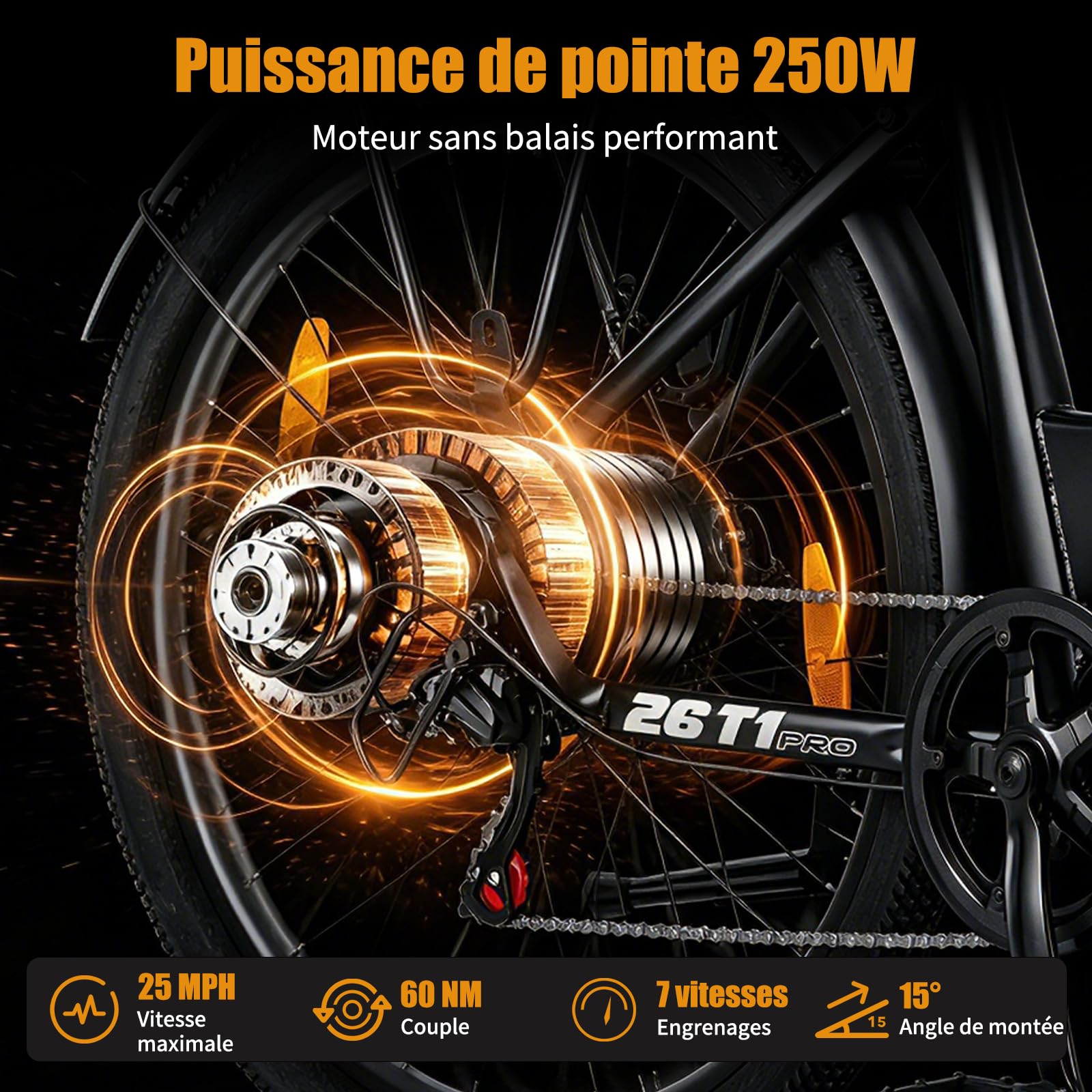 Vélo électrique 26T1-Pro, vélo électrique de 26" avec Moteur sans balais de 250 W, Batterie 36 V 18,2 Ah, dérailleur à 7 Vitesses, portée jusqu'à 130 km