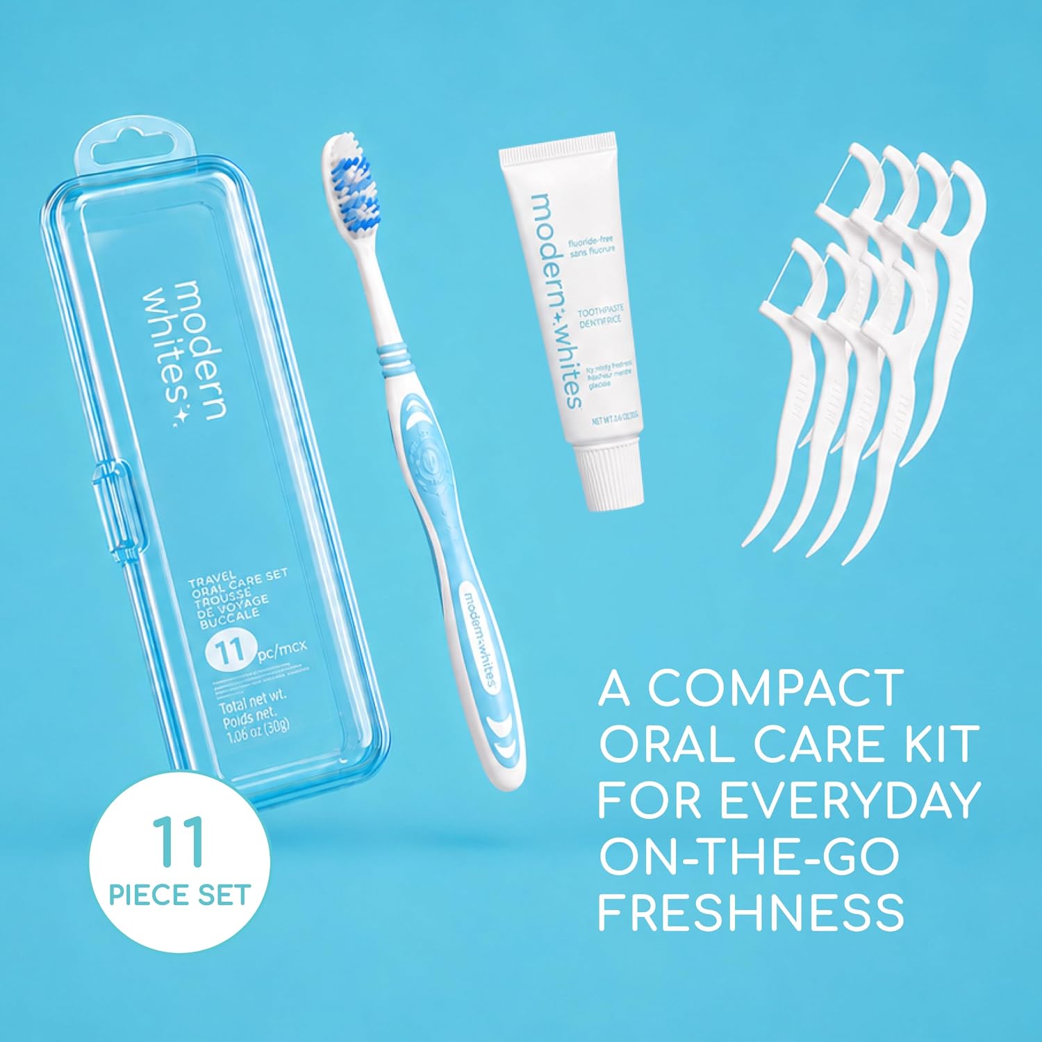 Travel Toothbrush and Flosser Set | Floss Picks in Compact Case, Travel Dental Kit with Xylitol Toothpaste, Oral Travel Kit, Comfortable Everyday Use, Soft Clean