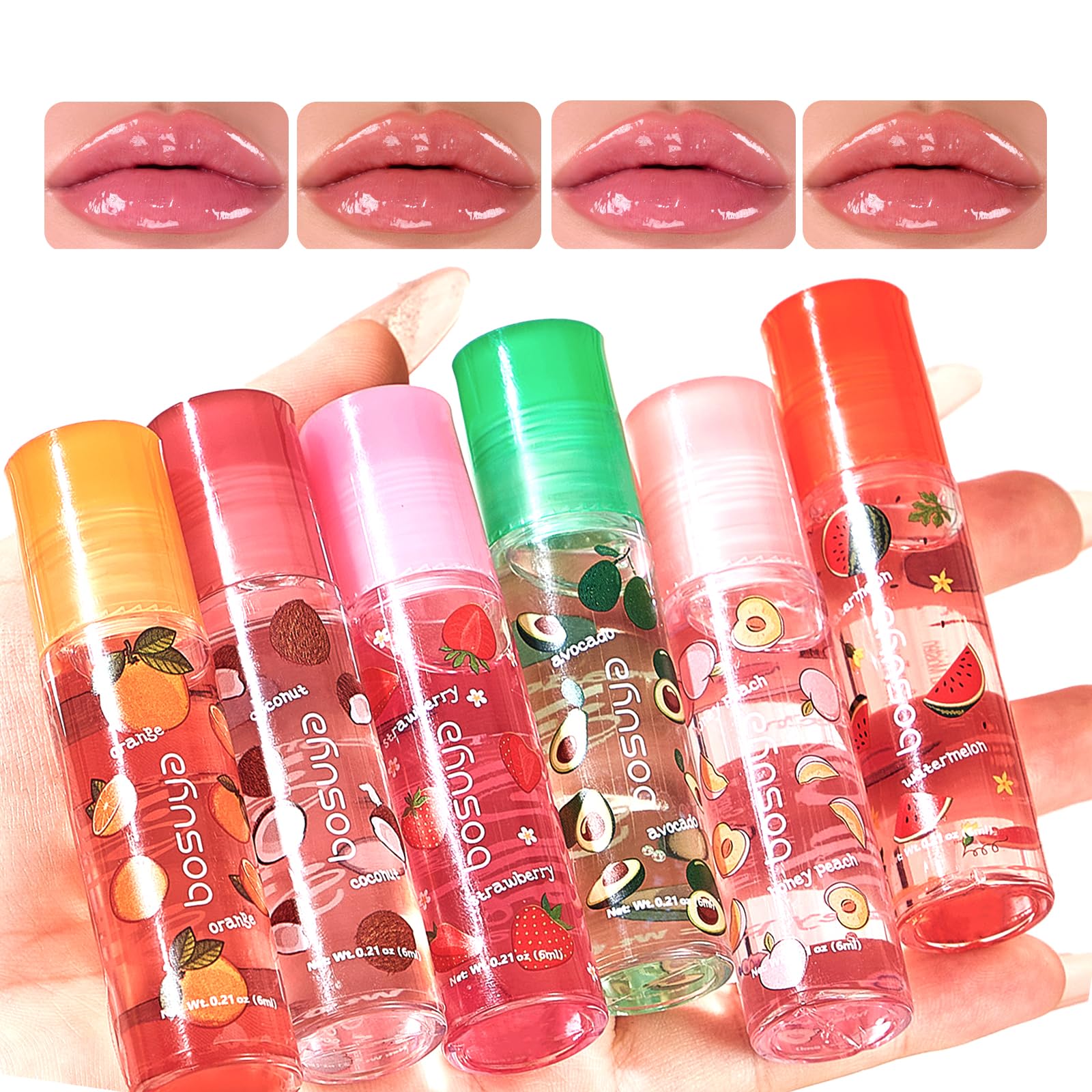 6 Pcs Hydrating Lip Gloss Oil Set, Roll-On Fruit Flavored Nourishing Lip Oil Lipgloss for Women Party Gift, Non-toxic