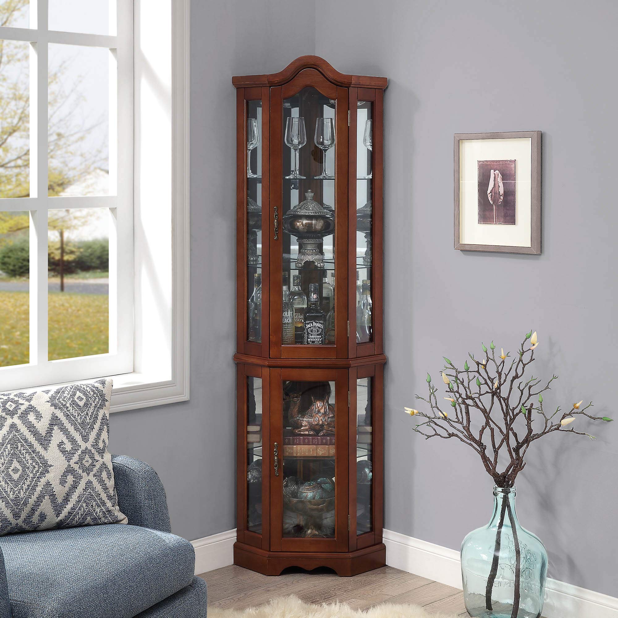 BELLEZE Lighted Corner Display Curved Top Curio Wooden Shelving Unit with Tempered Glass
