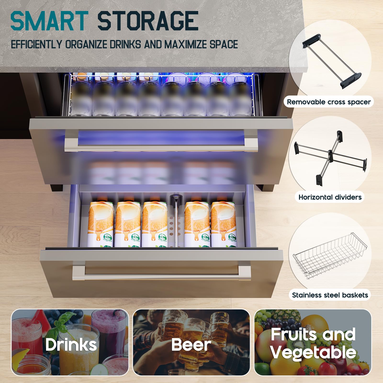 Albott 24 Inch Under Counter Drawer Fridge – Stainless Steel Beverage Refrigerator With Dual Drawers, LED Touch Control, Adjustable Storage, Frost-Free, Low Noise, 34-72℉, For Indoor Or Outdoor Use on Fridge.com - View 6