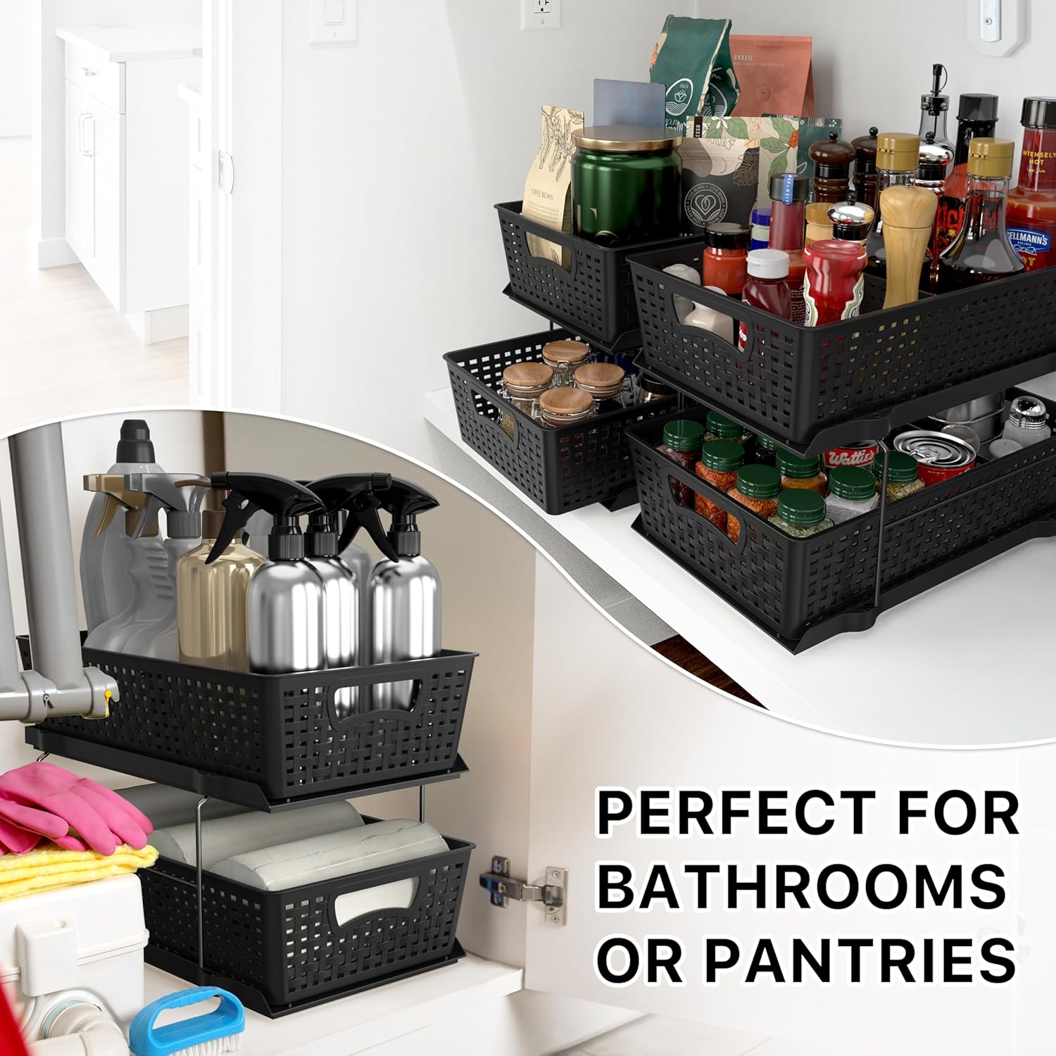 Simple Houseware 2 Tier Bathroom Organizer Tray Pull-Out Sliding Drawer, Under Sink Storage, Black - Image 8