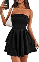 PRETTYGARDEN Women's Strapless Tube Mini Dress Off Shoulder Smocked Ruffle A-Line Flowy Summer Party Club Dress