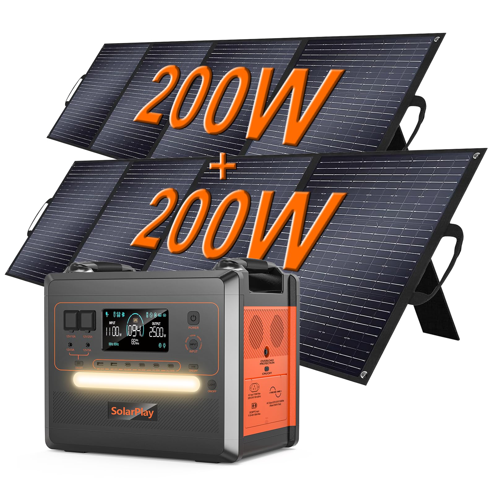 SolarPlay Q2402M 2500 W Centrale Elettrica Portatile, Batteria LiFePO4 da 2304 Wh, con Pannello Solare da 2x200 W, Presa CA, CC, ad energia solare, Adatta per Camper e Viaggi All'aperto