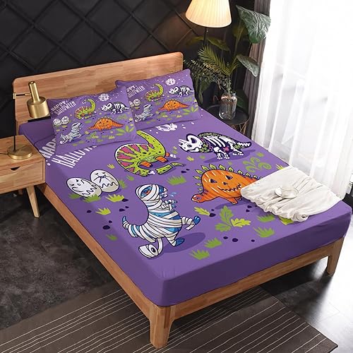 Miniatura 2 de Happy Halloween Sábanas tamaño matrimonial  Sábanas de dinosaurio para niños y niñas, juego de sábanas de dinosaurio, microfibra suave y bolsillo