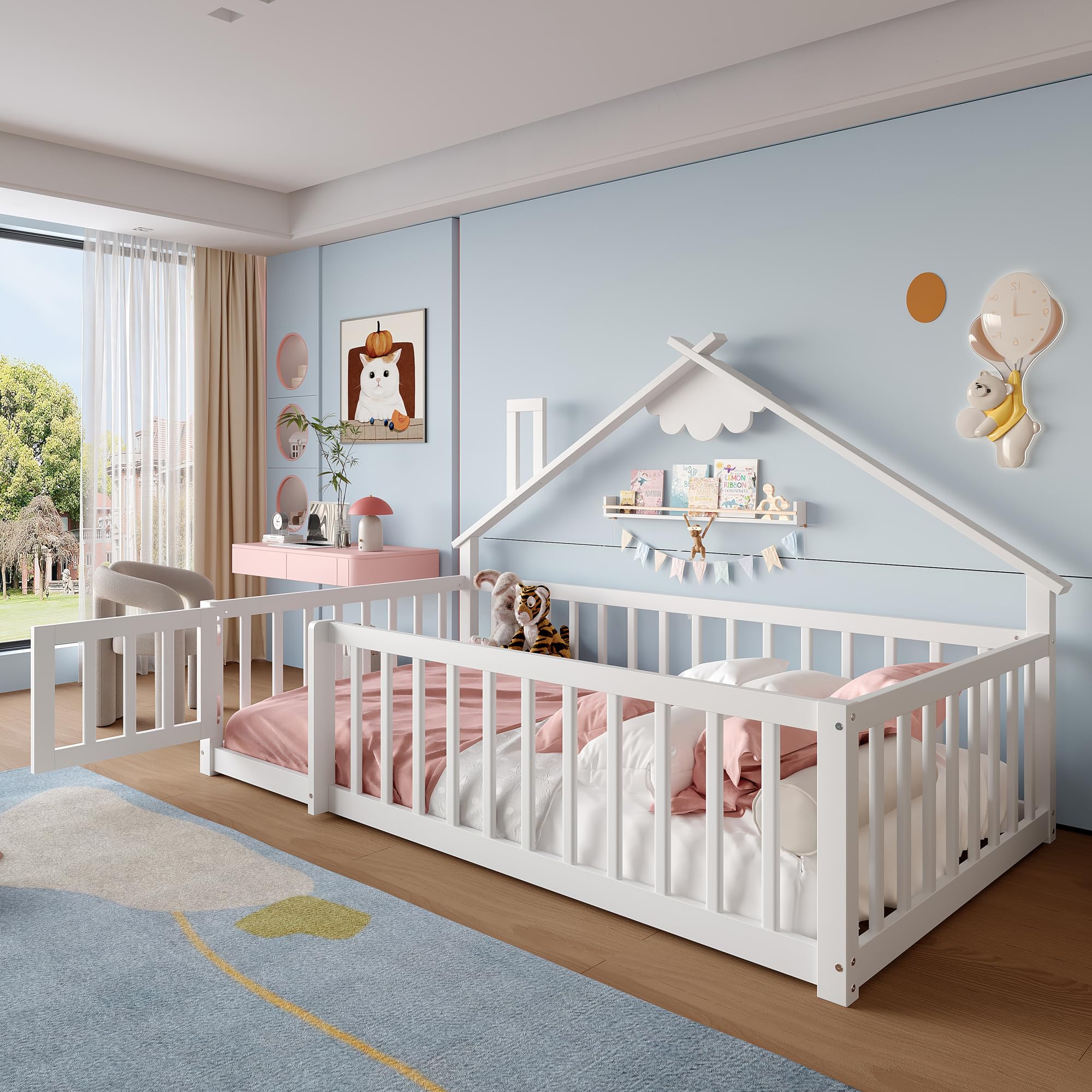 Cama de suelo de 90 x 190 cm con protección anticaída y puerta con cerradura, estructura de cama infantil, cama de madera de pino con somier, cama de madera, sin colchón