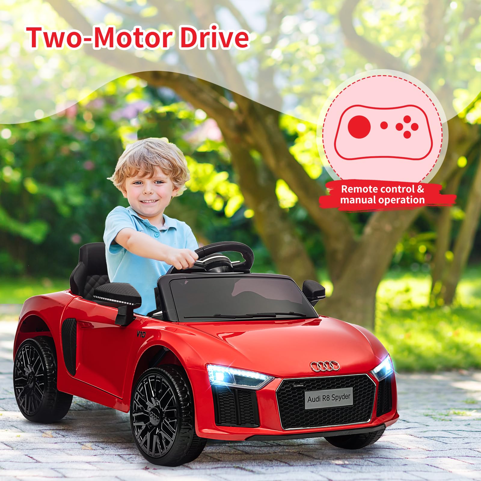 Audi Kinder-Sportwagen Kinder Elektroauto 12V – Offiziell Lizenziertes Kinderfahrzeug mit Fernbedienung, LED-Scheinwerfern, Hupe, Musik, Sicherheitsgurt, Sanftanlauf, Federung, Akku – Für