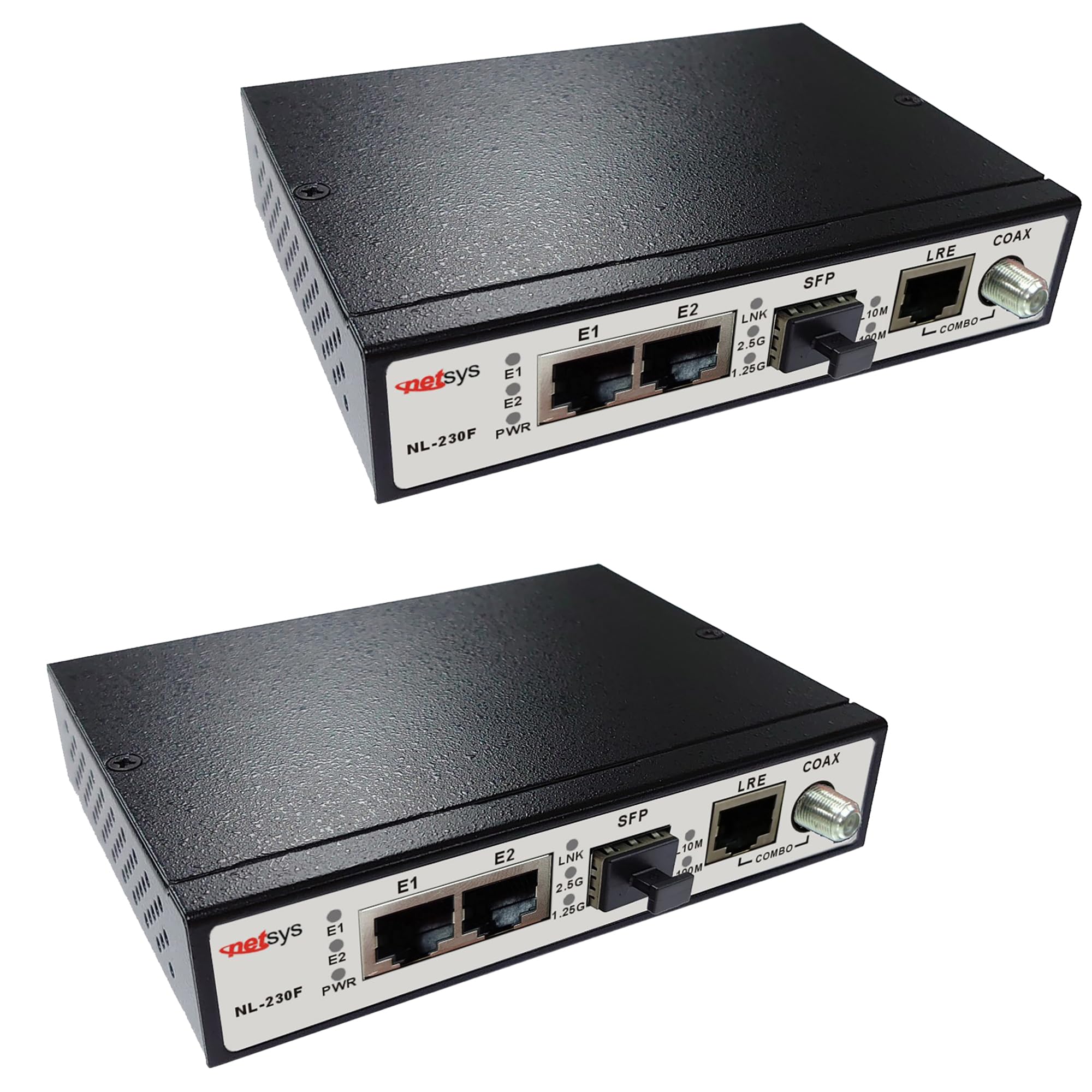 Zestaw przedłużaczy Ethernet o długim zasięgu (2 jednostki w zestawie) Over Coax lub Cat5/6, do 200 Mb/s, do 800 m (NL-230FKIT)