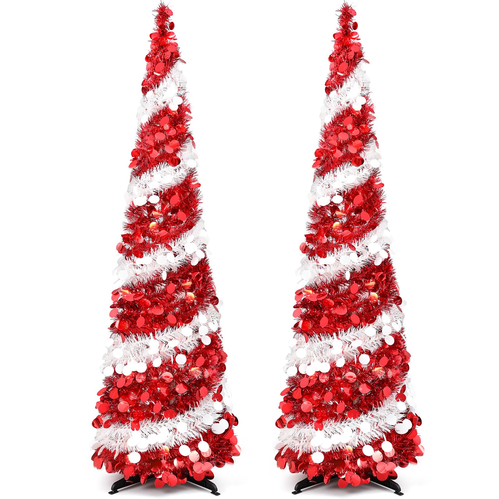 Leyndo 2 Pcs 5 ft Collapsible Artificial Christmas Tree Pop Up Red and White Sequined Pop Up Tinsel Pencil Skinny Xmas Tree for Indoor Home Fireplace Decoration
