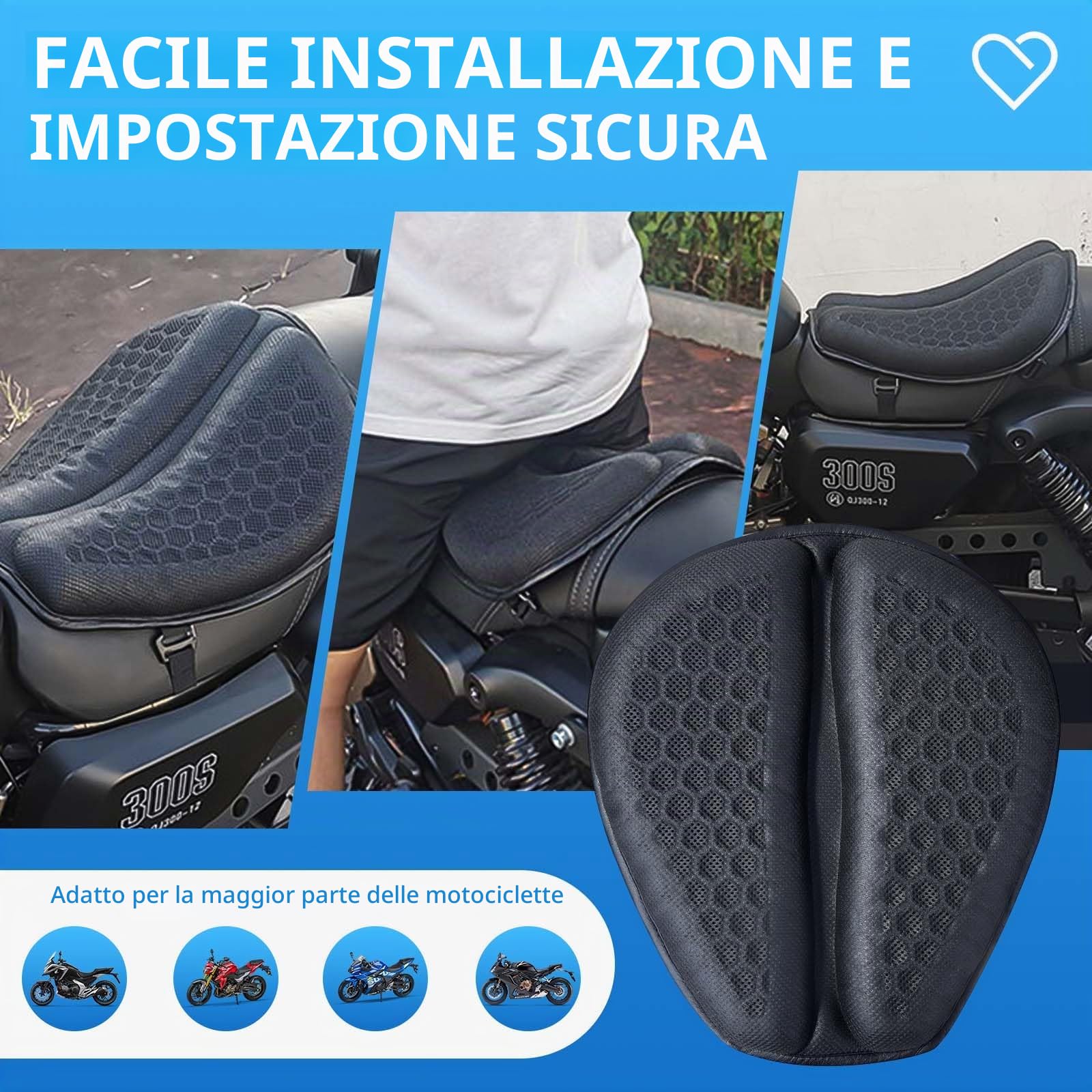 Cuscino per Sella Moto Pieghevole,Cuscino per Sella Moto a Nido d'ape 3D Altamente Elasticizzato,Polvere e Impermeabile,Confortevole e Traspirante,Adatto per Viaggi a Lunga Distanza