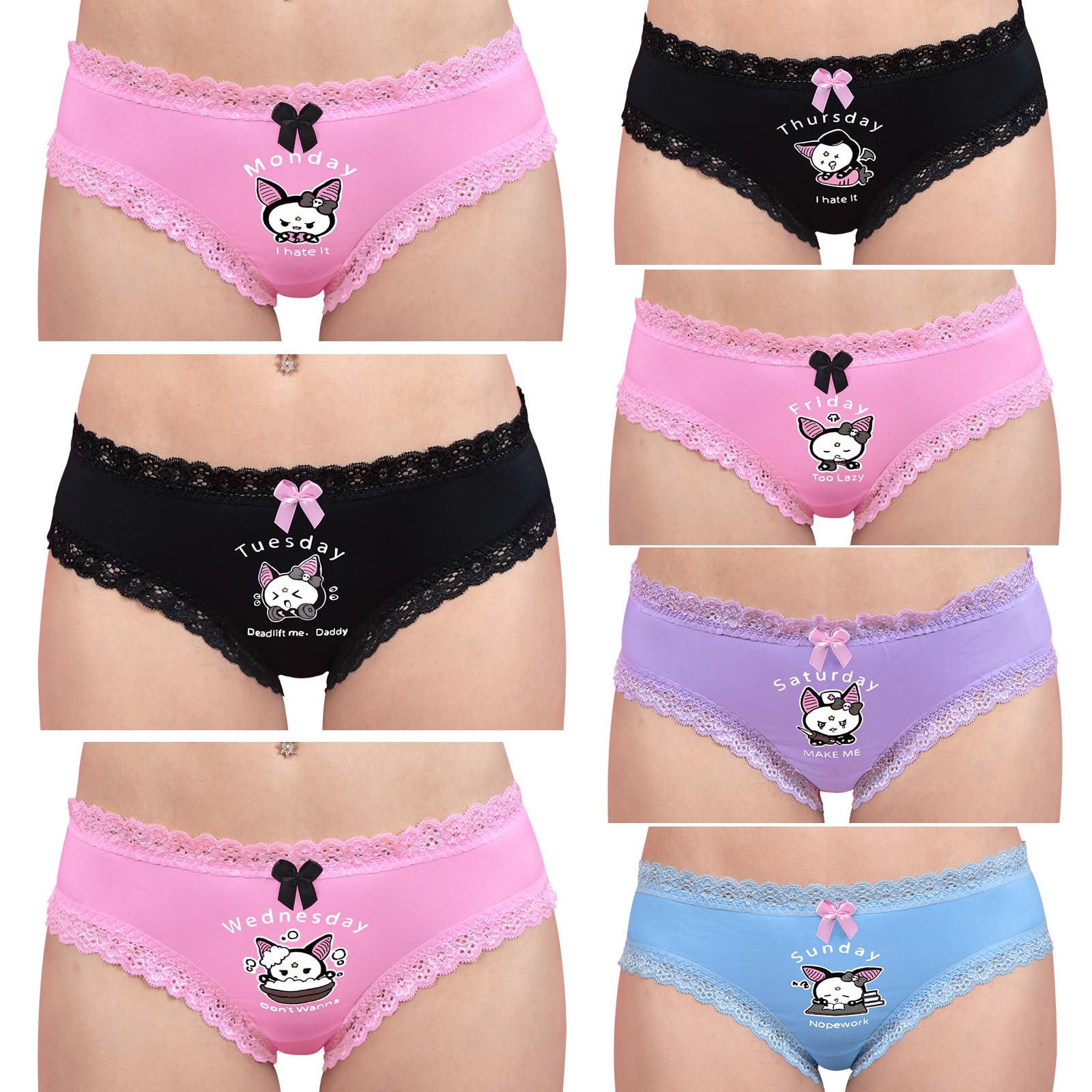 LittleForBig Biancheria intima da donna morbida e setosa confortevole slip hipster babydoll Batty Brat Giorni della settimana Set di 7 mutandine