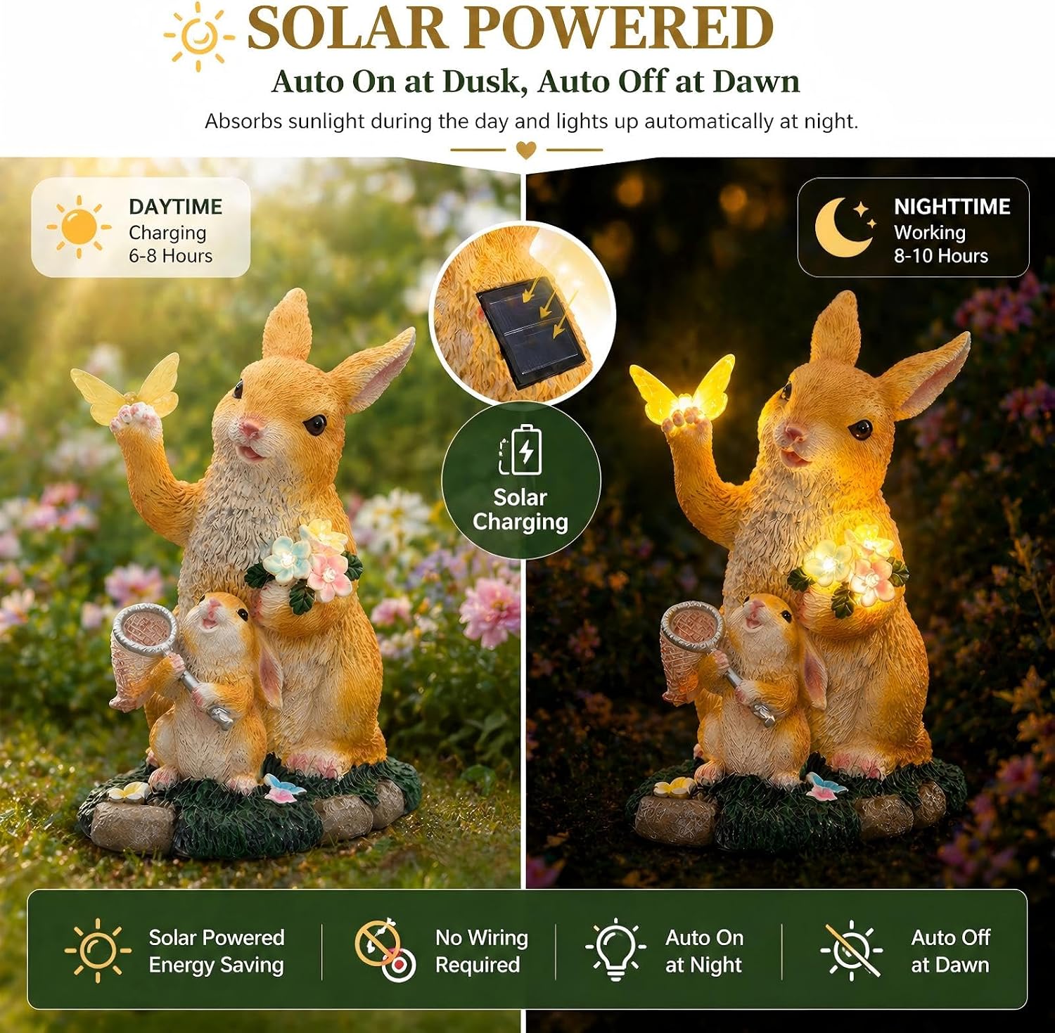 Solar Garden Statue Rabbit with Lighted Butterfly and Flowers, Outdoor Bunny Figurine Light, Waterproof Resin Yard Lawn Patio Decor, Mothers Day Gifts for Mom Women