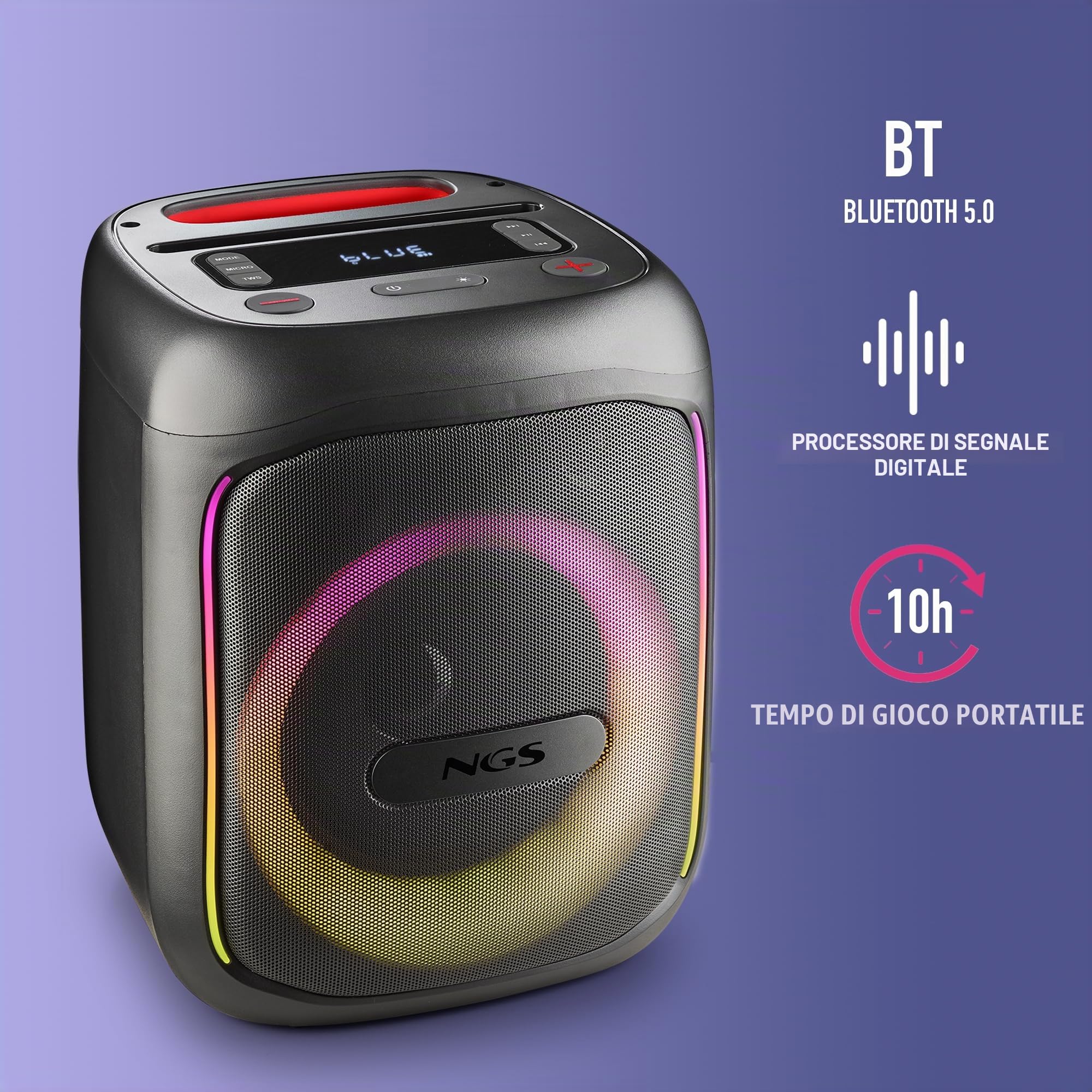 NGS Wild Swag Go - Speaker Wireless Portatile, Cassa Altoparlante Impermeabile IPX4, 2 Ingressi per Microfono e Chitarra, USB, con processore DSP, Nero, Spina AC UE (tipo C)