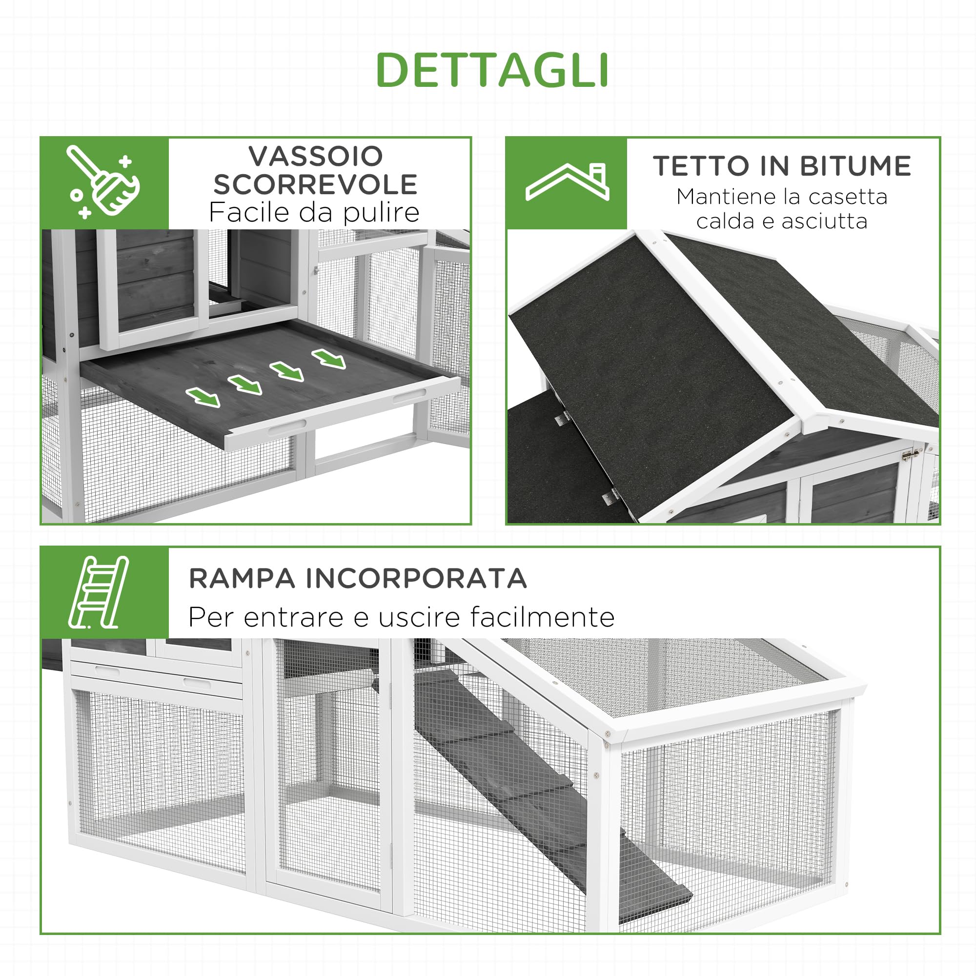 PawHut Gabbia per Galline Ovaiole o Anatre, Pollaio Prefabbricato in Legno di Abete con Tetto Impermeabile, 178x95x100 cm, Grigio