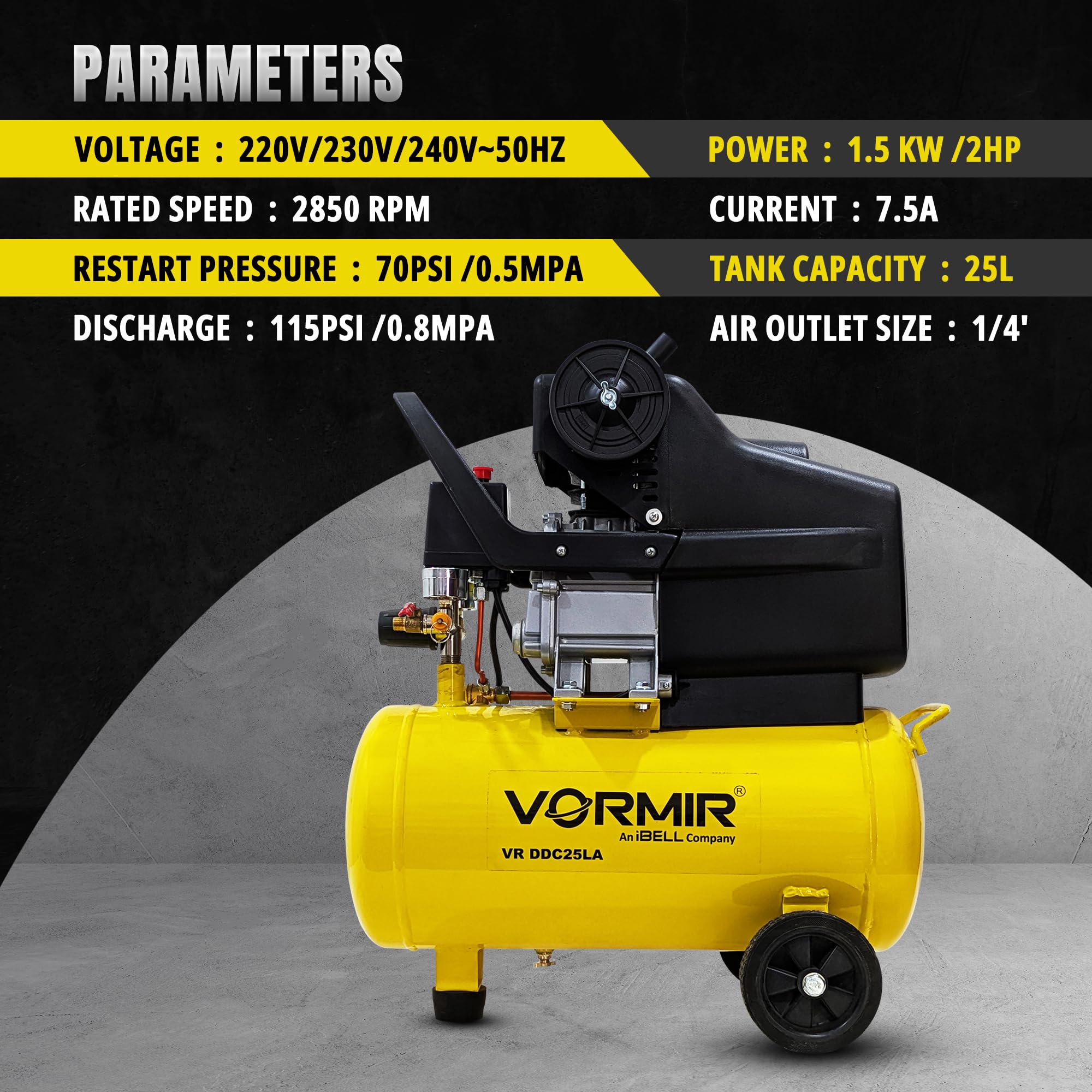 IBELL VORMIR VR DDC25LA 2.0HP Air Compressor - 25L Tank, 115 PSI Max Pressure, High-Performance & Compact Design - Image 4 thumbnail