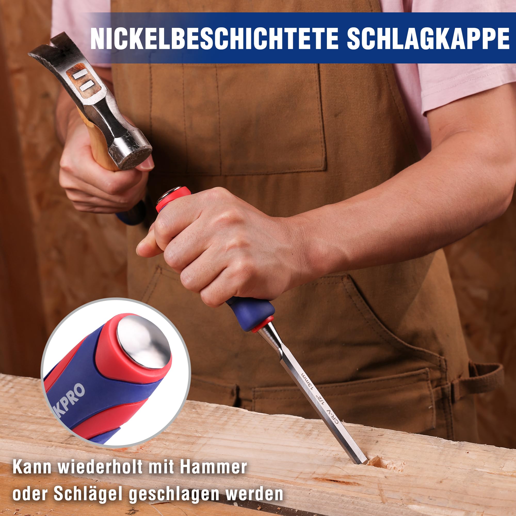 WORKPRO Holzmeißel Set 10-tlg., Cr-V Stahl, 6 Stechbeitel, Koffer | 6 Stechbeitel 6–38mm, ergonomische Griffe, inkl. Schleifstein und 2 Bleistifte, ideal für Holzarbeiten