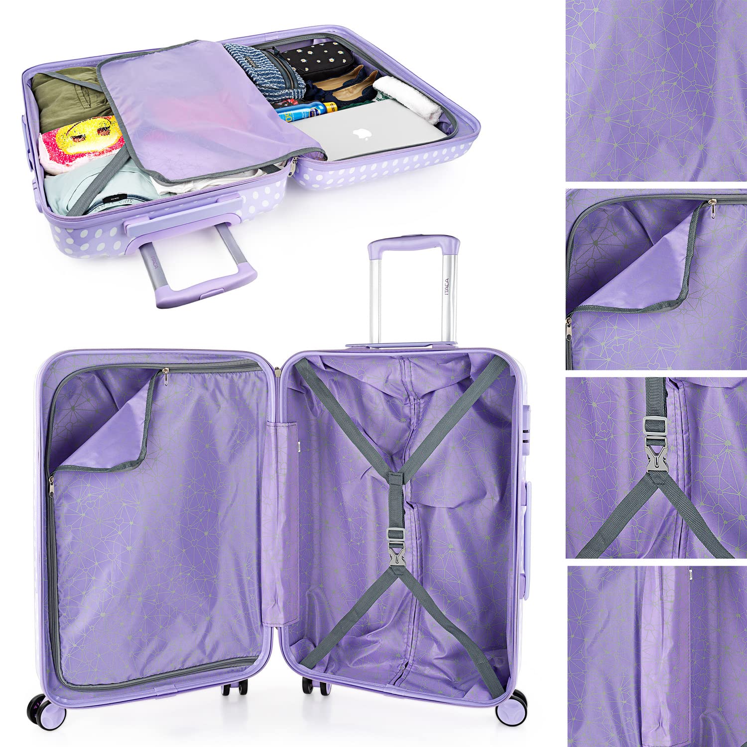ITACA - Valigia Bambina Mediano - Valigia Bambini Resistente e leggera - Trolley Bambina leggera con 4 ruote Cabina aereo - Trolley Bambino Lucchetto a combinazione, Malva