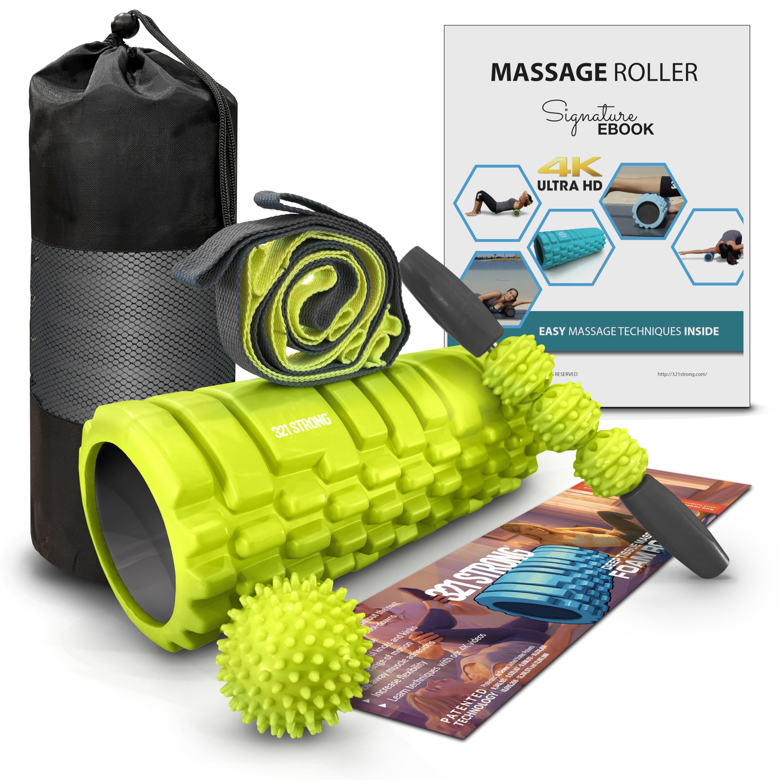 321 STRONG 5 in 1 Foam Roller Set with Hollow Core Deep Tissue Massager, Muscle Roller Stick, Stretching Strap, Spikey Plantar Fasciitis Ball, and Carry Bag, with 4K eBook