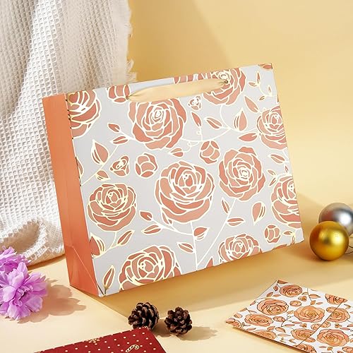 Miniatura 5 de DecorWoo Bolsa de regalo grande de oro rosa de 13 pulgadas con tarjeta y papel de seda, bolsa de regalo de flores de aluminio para cumpleaños,