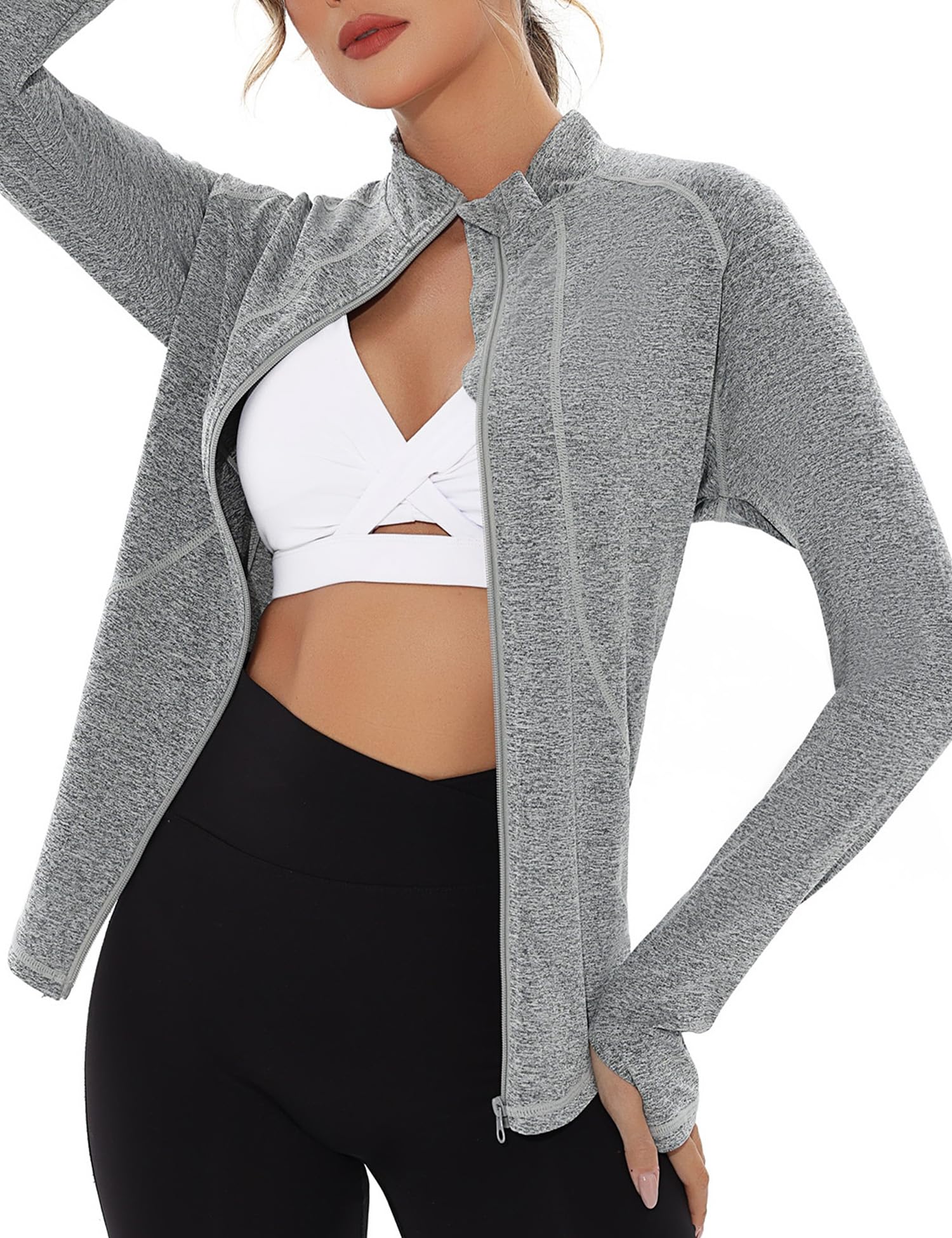 Gyabnw Veste de Sport pour Femme avec Trous de Pouce Veste Légère Course Randonnée Athlétique à Manches Longues et Design Zip pour l’Exercice et GYM