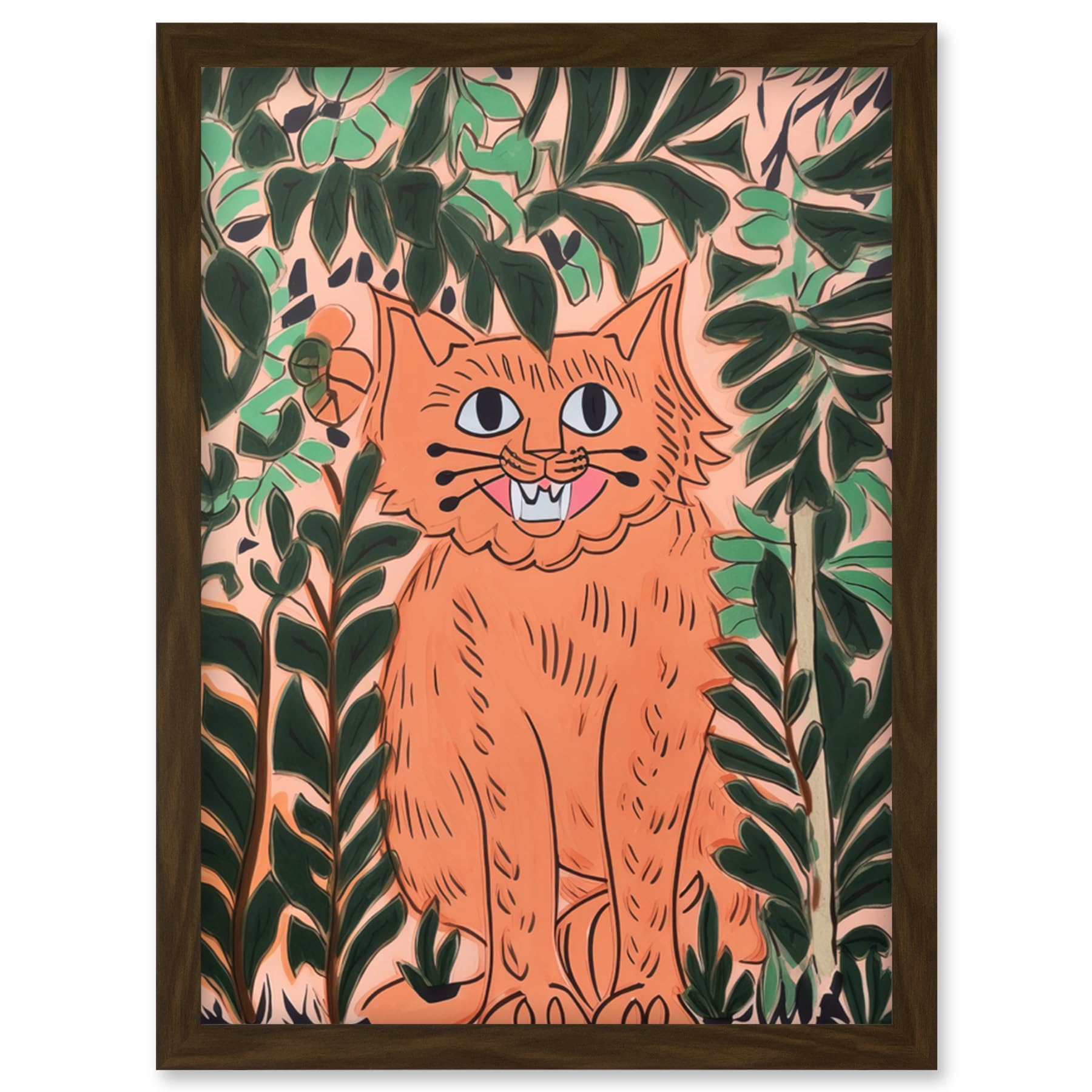 Artery8 Ginger Orange Tabby Cat in Plants Modern Folk Art Artwork Framed Wall Art Print A4
