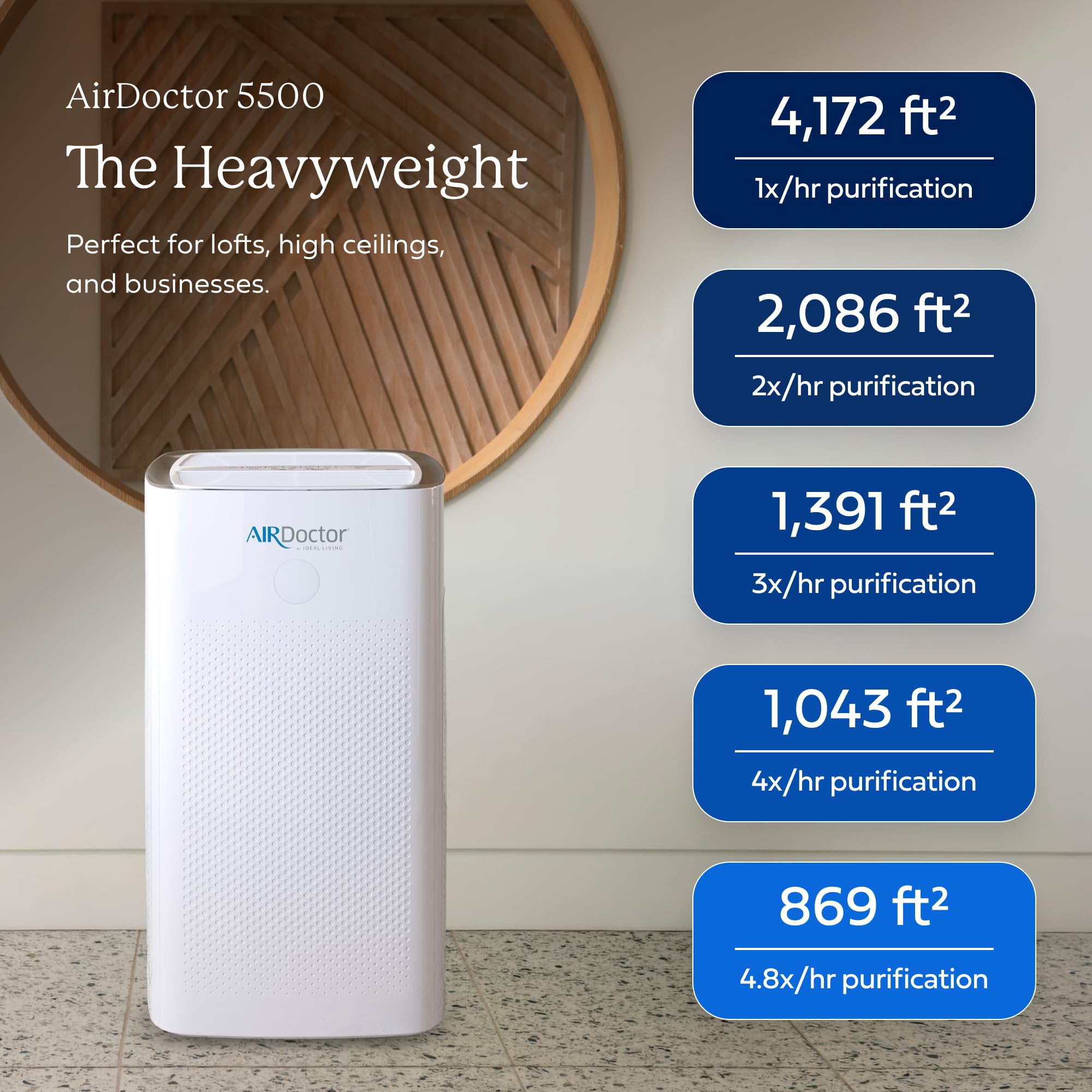 AIRDOCTOR AD5500i Smart HEPA Purificatore d'aria per spazi extra grandi e concetti aperti con filtri UltraHEPA, carbonio e VOC, cattura particelle 100 volte più piccole rispetto allo standard HEPA