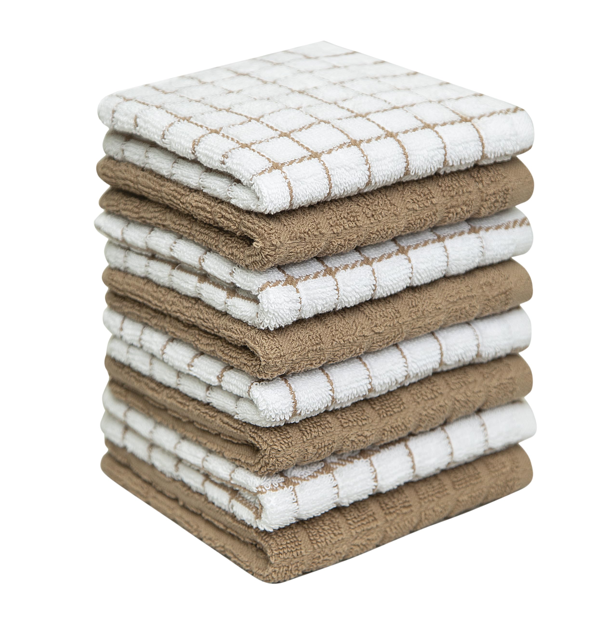 Bumble Premium Cotton Dish Cloths (12" x 12") Tan Check Design | Highly Absorbent, Natural Ring Spun Cotton | Kitchen Dish Towel Set | 380 GSM - 8 Pack