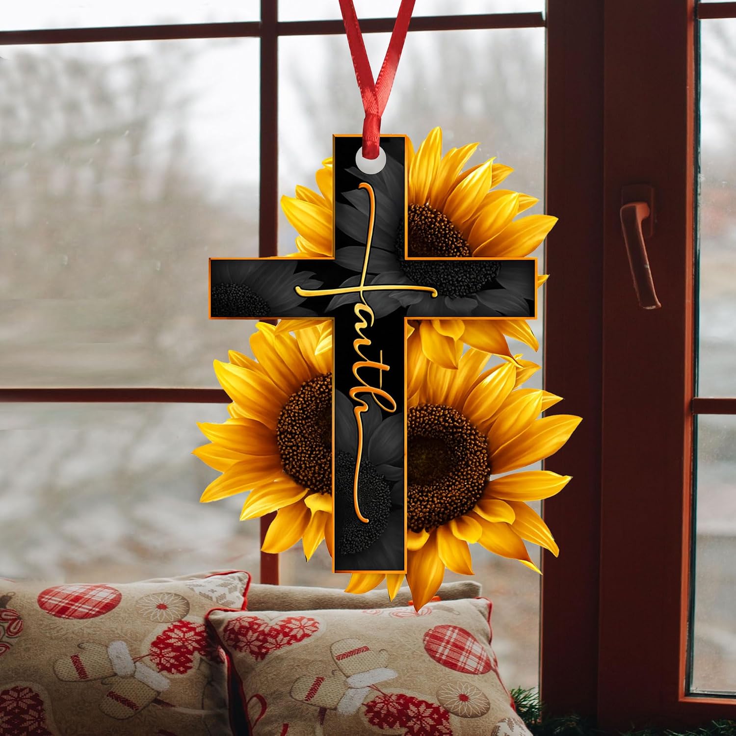 Talataca Faith Sunflower God Jesus Cross Christian Sunflower 2D Flat Car Rear View Mirror Accessories Christmas Tree Ornament Decoration Hanging Charm Interior Rearview Pendant Decor Gift image 4