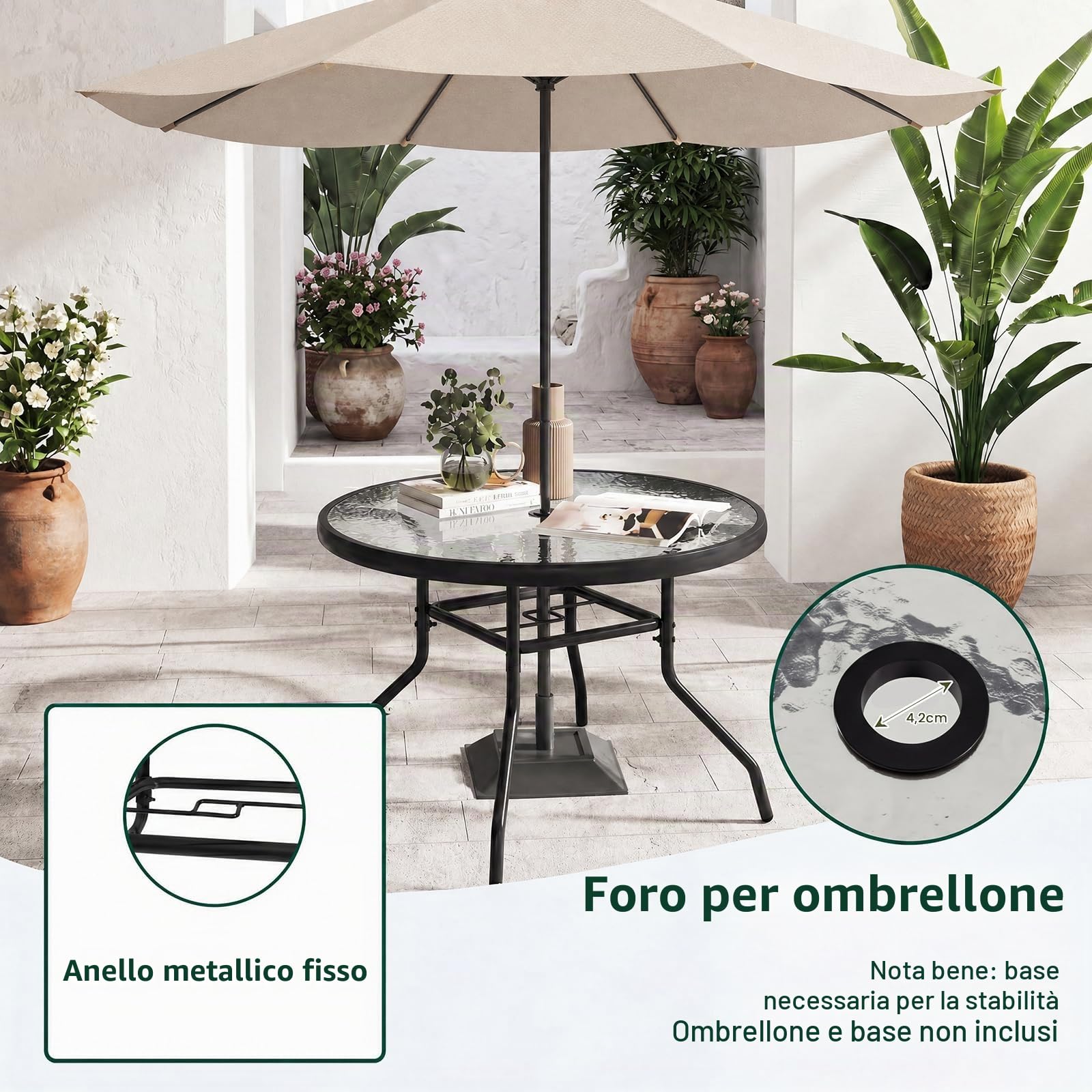 KOMFOTTEU Tavolino da Esterno in Vetro Antiscivolo con Foro Ombrellone | Tavolino Rotondo da Caffè con Struttura in Metallo, per Balcone e Piscina, 70 x 70 x 45,5 cm