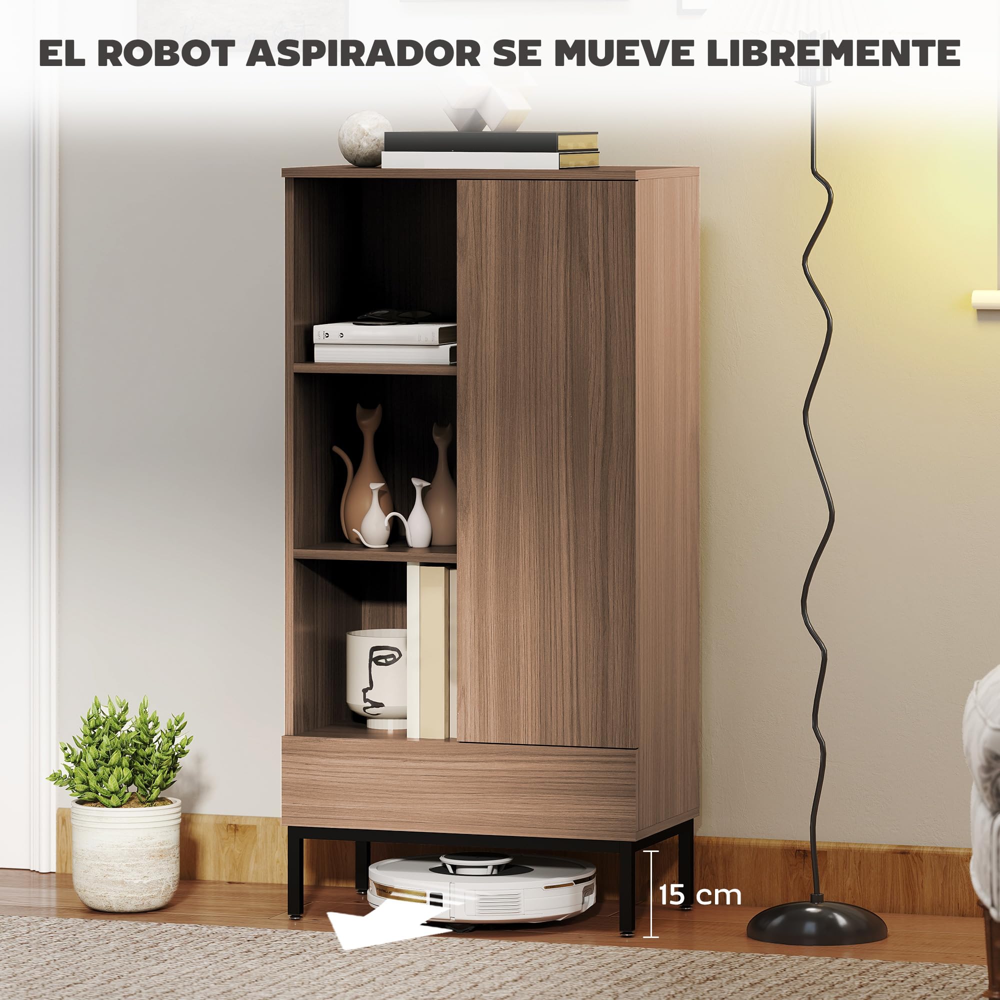 HOMCOM Aparador 1 Puerta Aparador para Salón Moderno con Cajón Estante Ajustable y 3 Compartimentos Abiertos para Comedor Entrada Dormitorio 60x34x121 cm Natural