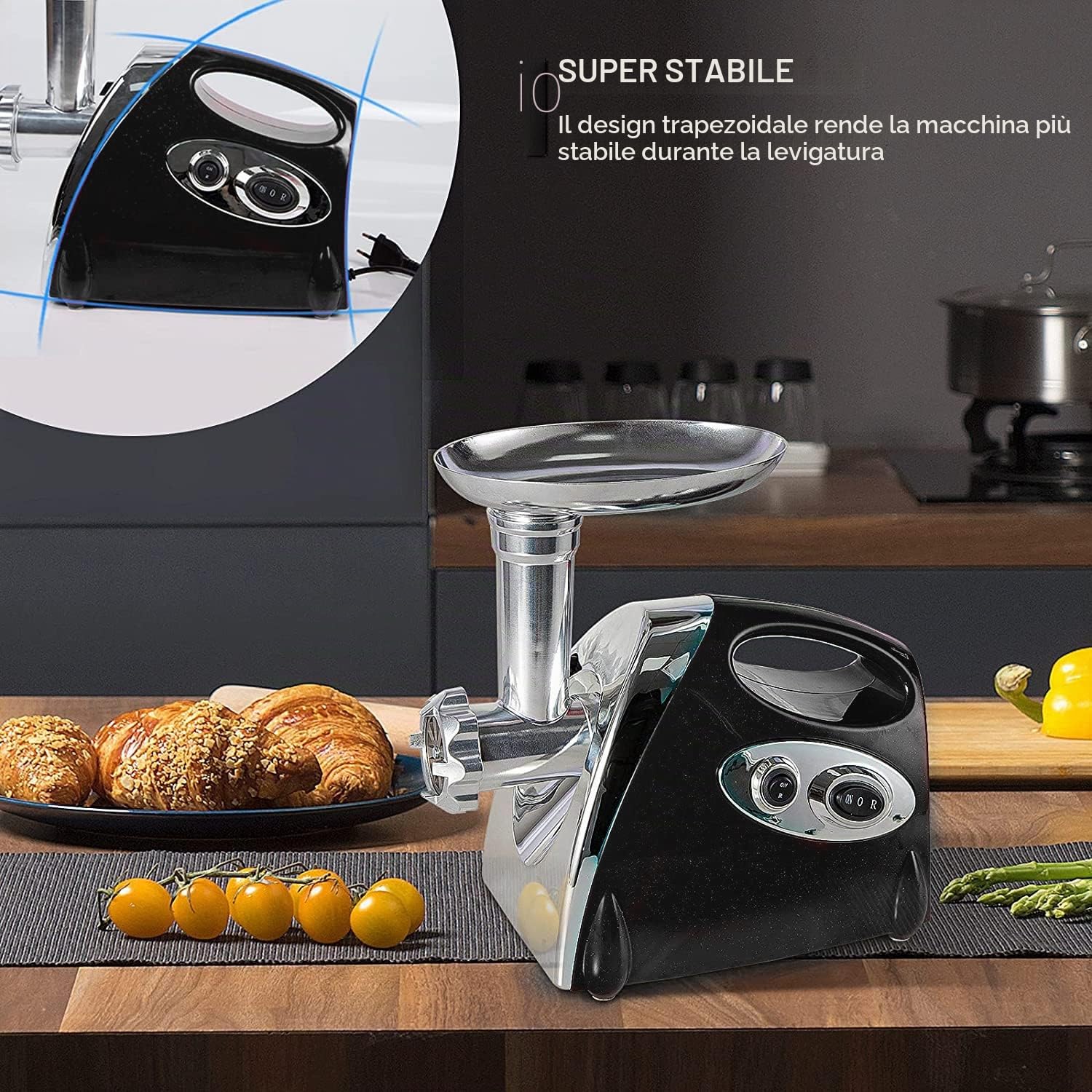 Tritacarne elettrico, 2800 W, con insaccatrice e 3 piastre di macinatura, in acciaio inox