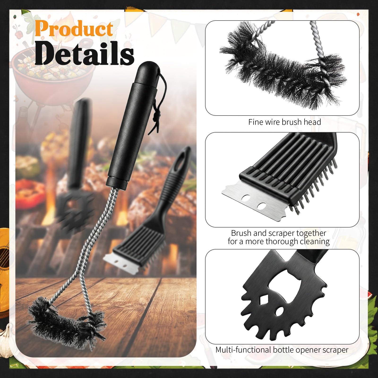 Set di 5 spazzole per barbecue per esterni, in acciaio inox 304, con raschietto, coda appuntita, triangolare, spazzola abrasiva per griglie a gas, porcellana, Charbroil per uomini e papà