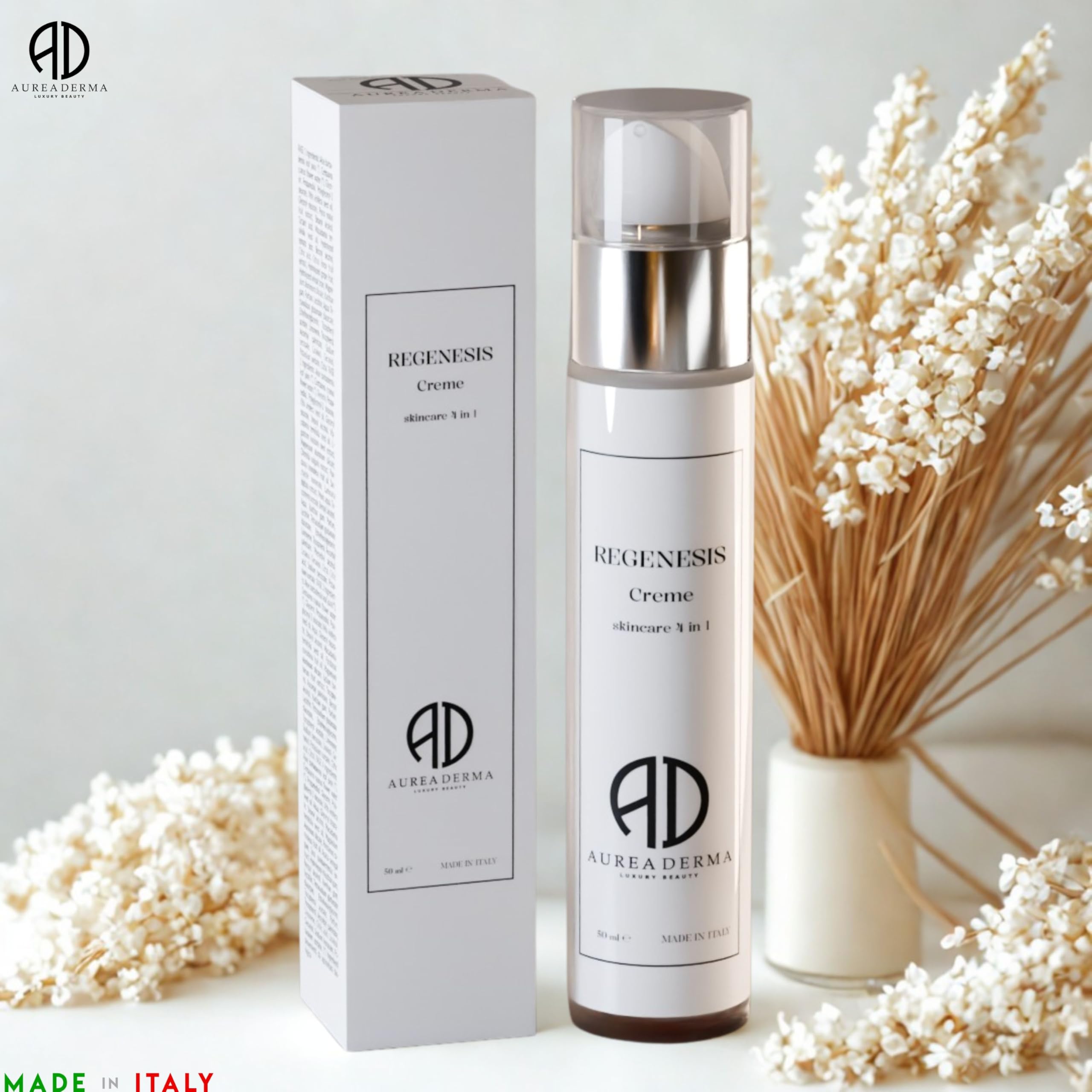 Crema viso antirughe 4 fasi in 1 con Collagene Vegetale, Alghe, AHA Naturali e Oxygen Complex – Trattamento Lifting e Illuminante – REGENESIS By AUREA DERMA – 50 ml