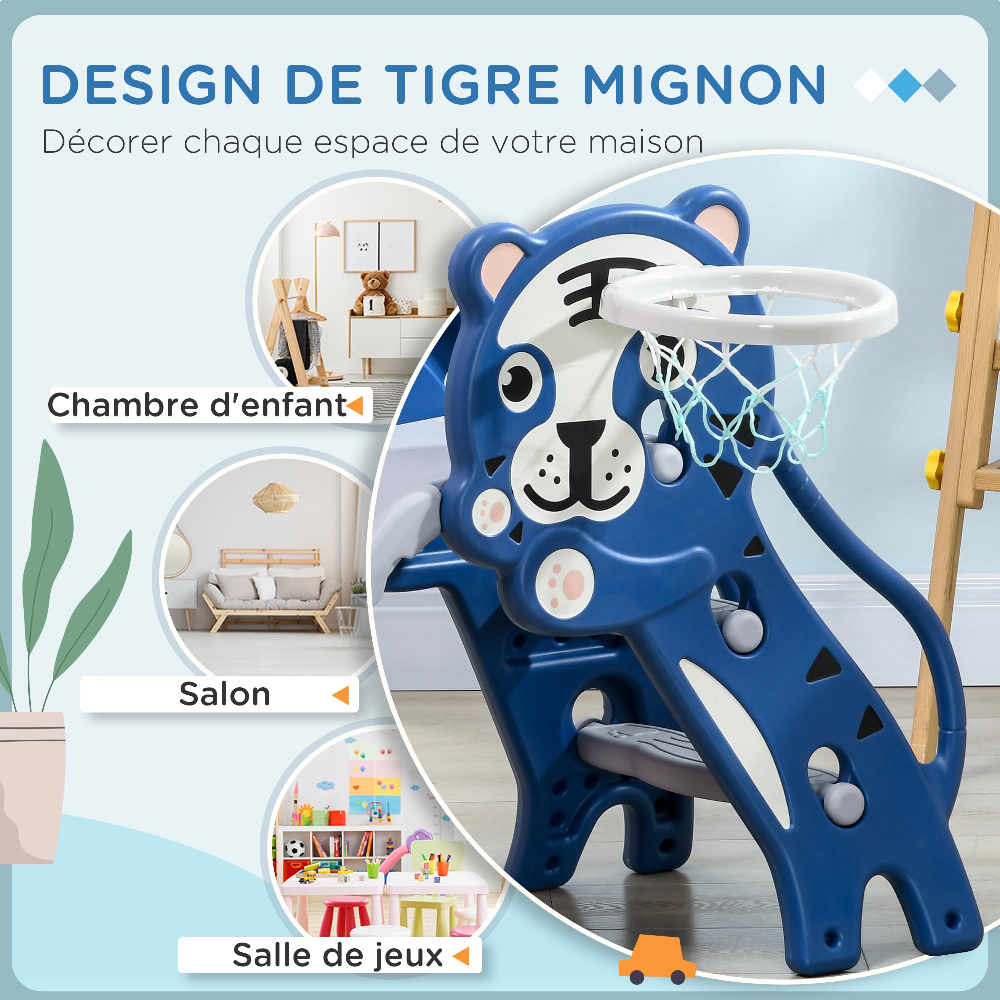 AIYAPLAY Toboggan pour Enfants, Toboggan intérieur pour Enfants, avec Un Panier de Basket, thème Tigre, de 18 à 36 Mois, jusqu'à 25 kg, 133L x 60l x 70H cm, Bleu
