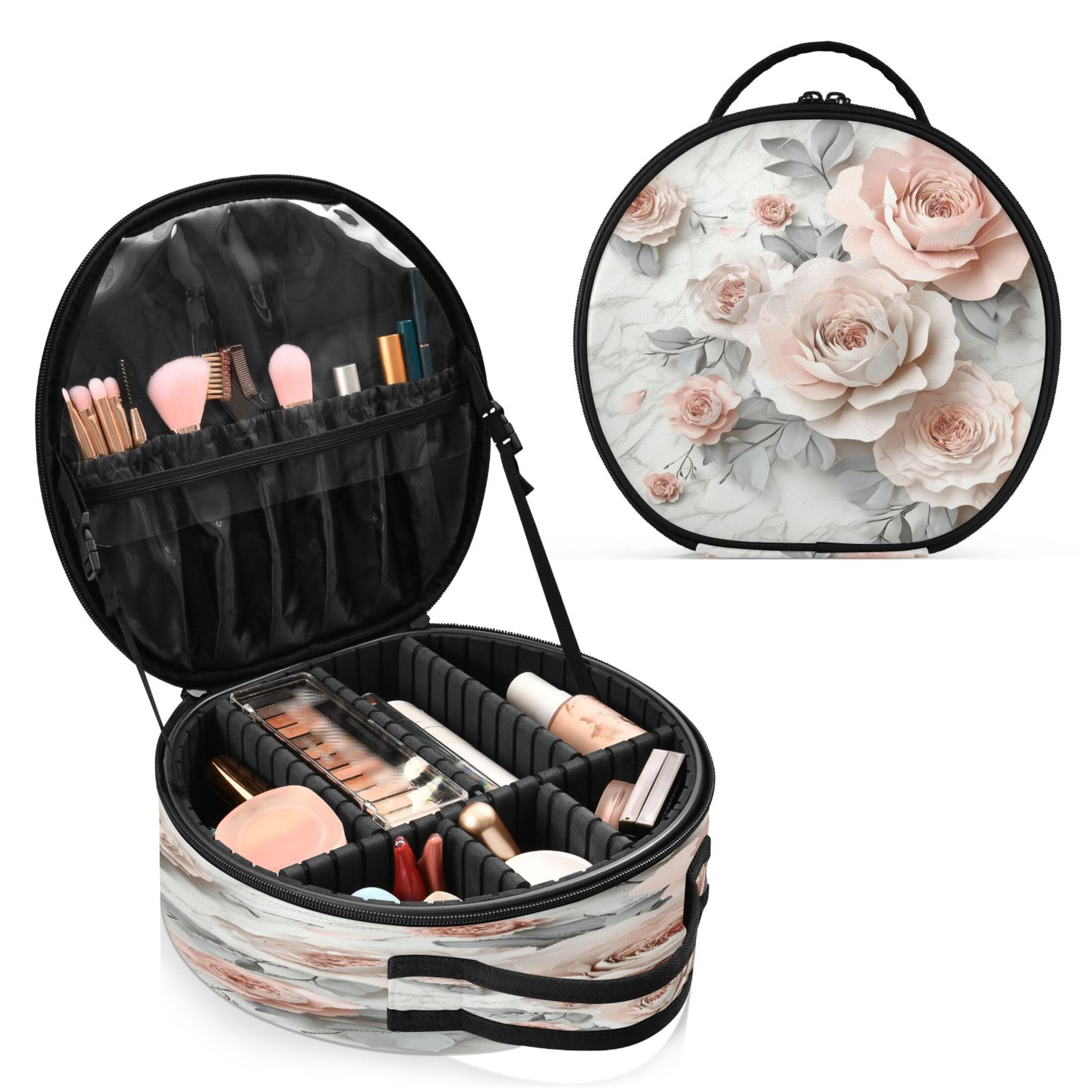 Takiito Pink Peonies Travel Makeup Case Portable Makeup Box Artist Cosmetic Case Organizer With Adjustable Dividers