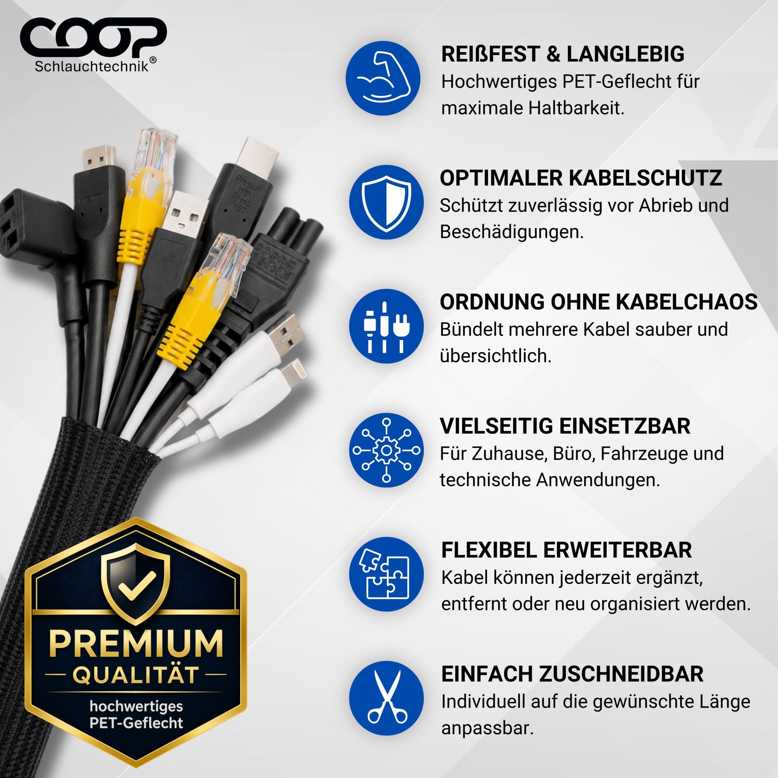 COOP Gaine de câble Ø 32 mm x 8 m Noir – Tuyau en tissu autobloquant – Protection de câble découpable – Goulotte flexible – Gestion des câbles pour TV, ordinateur, home cinéma, véhicule et bureau