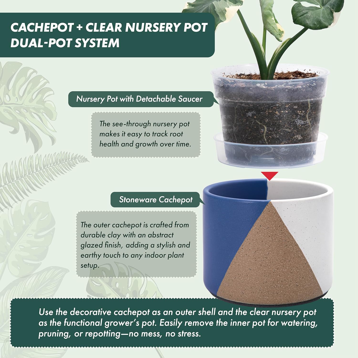 D'vine Dev 6.5" Stoneware Cachepot Planter with 6" Low Clear Nursery Pot & Detachable Saucer – Modern Indoor Plant Pot with Drainage for Bottom Watering & Root Visibility, Cobalt Canyon, 93-O-D-3