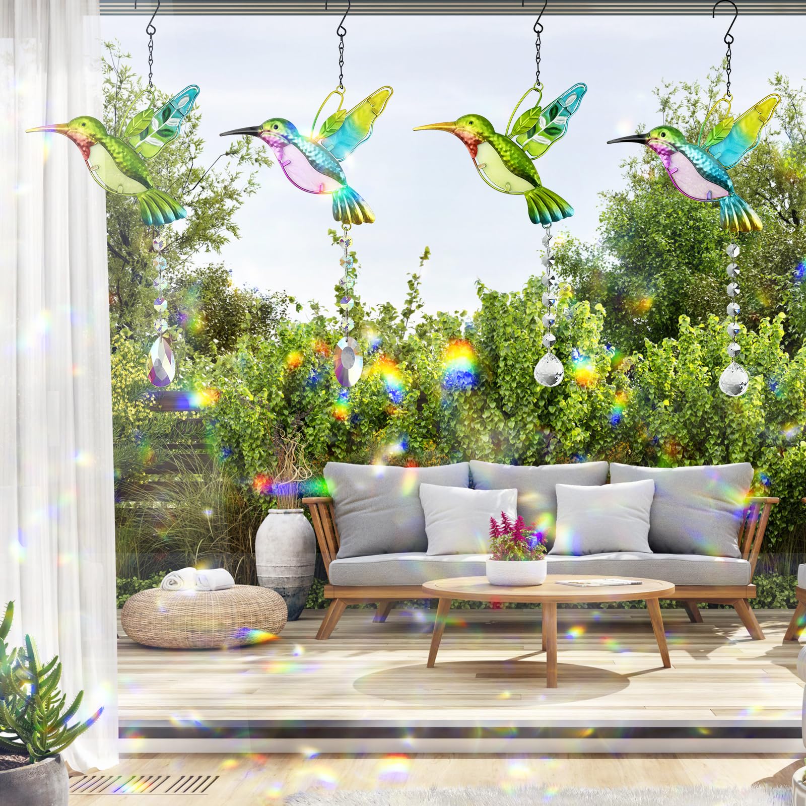 4 acchiappasole a colibrì, 41 x 18 cm, con cristalli Suncatcher da appendere, con 4 ganci per finestre, giardino, camera da letto, matrimonio, ecc
