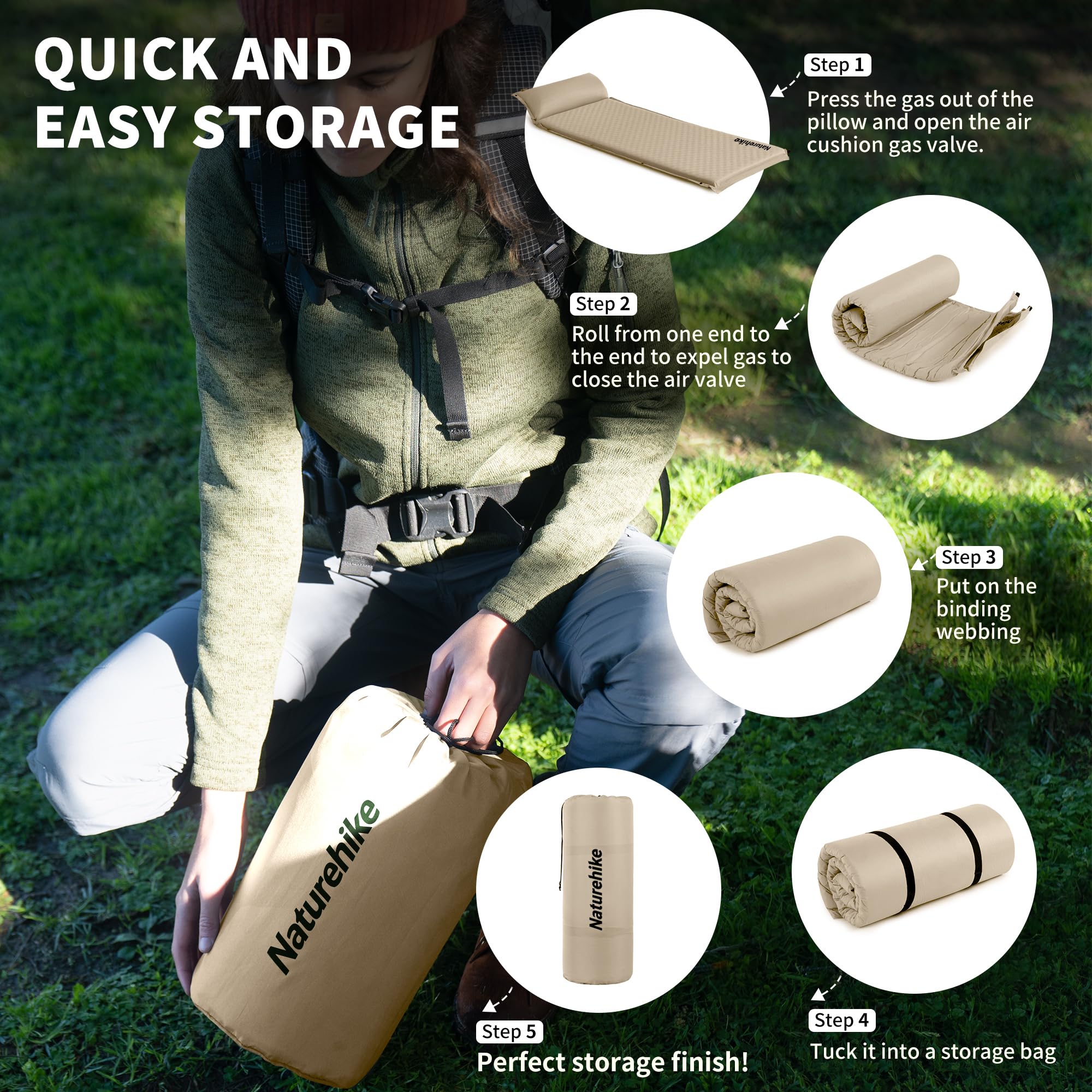 Naturehike Tapis De Couchage 4 Saisons 9,5 Cm – Matelas Autogonflant Mousse + Air Avec Oreiller Intégré, Kaki – Idéal Camping, Voiture, Randonnée