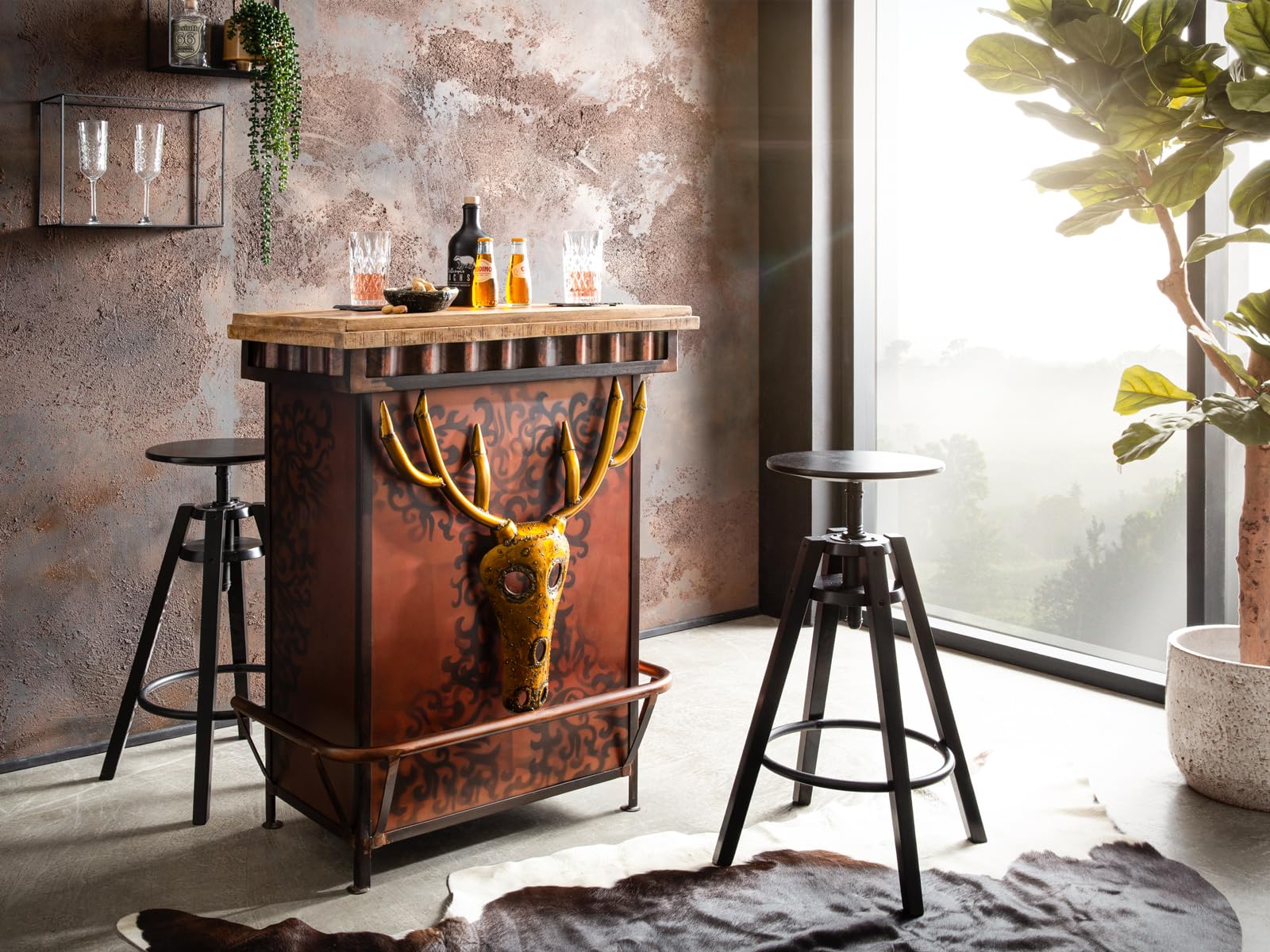 Woodkings Bartresen Hollowhorn Stehtisch 75x100x42 cm aus Metall & Mangoholz Tresen Braun Gold für Hausbar Wohnzimmer Ladentheke Empfangstresen Werkstatt