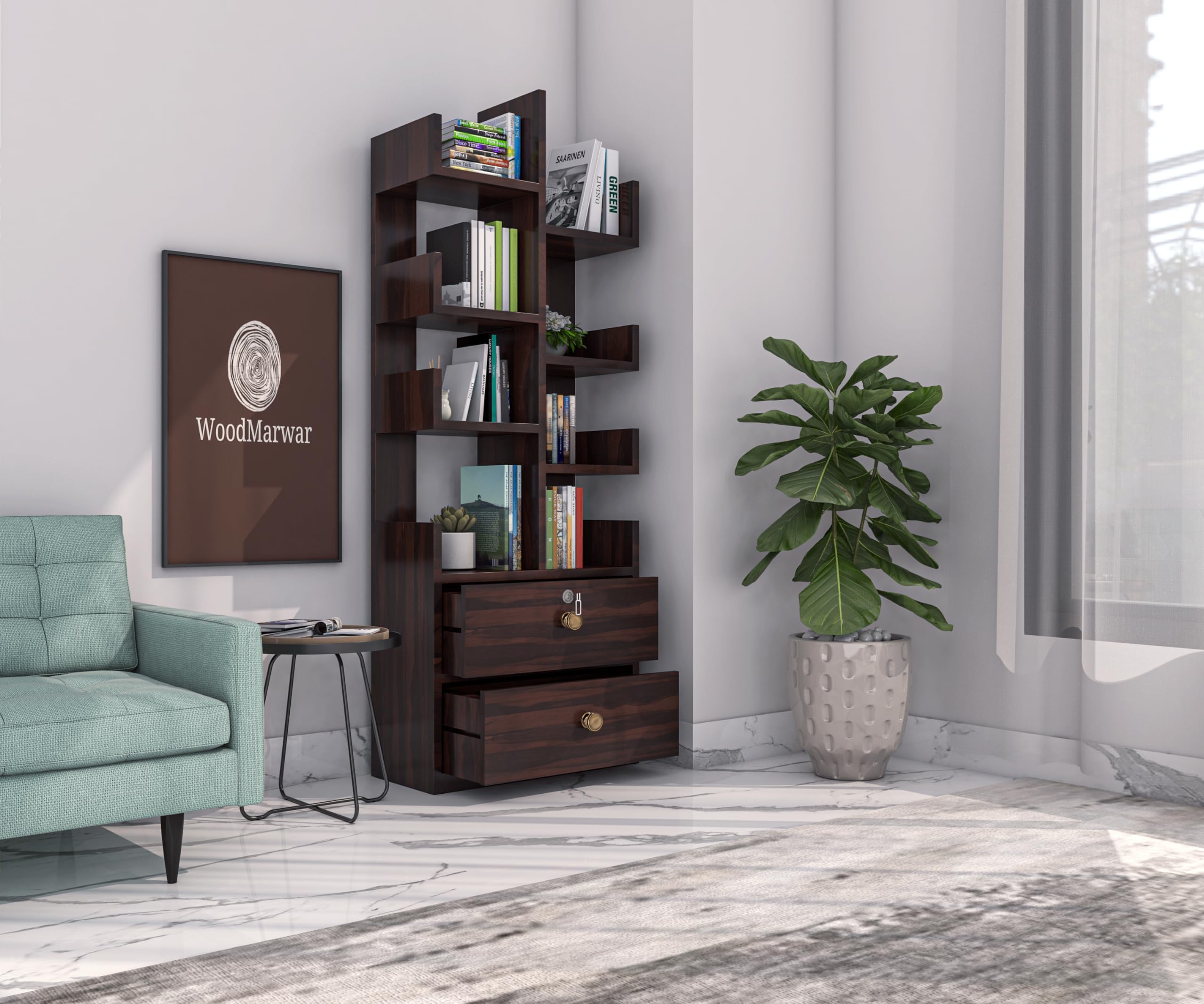 WoodMarwar Sheesham Wood Free Standing Book Shelf | Multipurpose Bookshelf Storage Display Rack with 8 Shelf & 2 Drawer with Lock for Ofice | Decorative Corner Shelf Bookcase for Home Decor | Walnut
