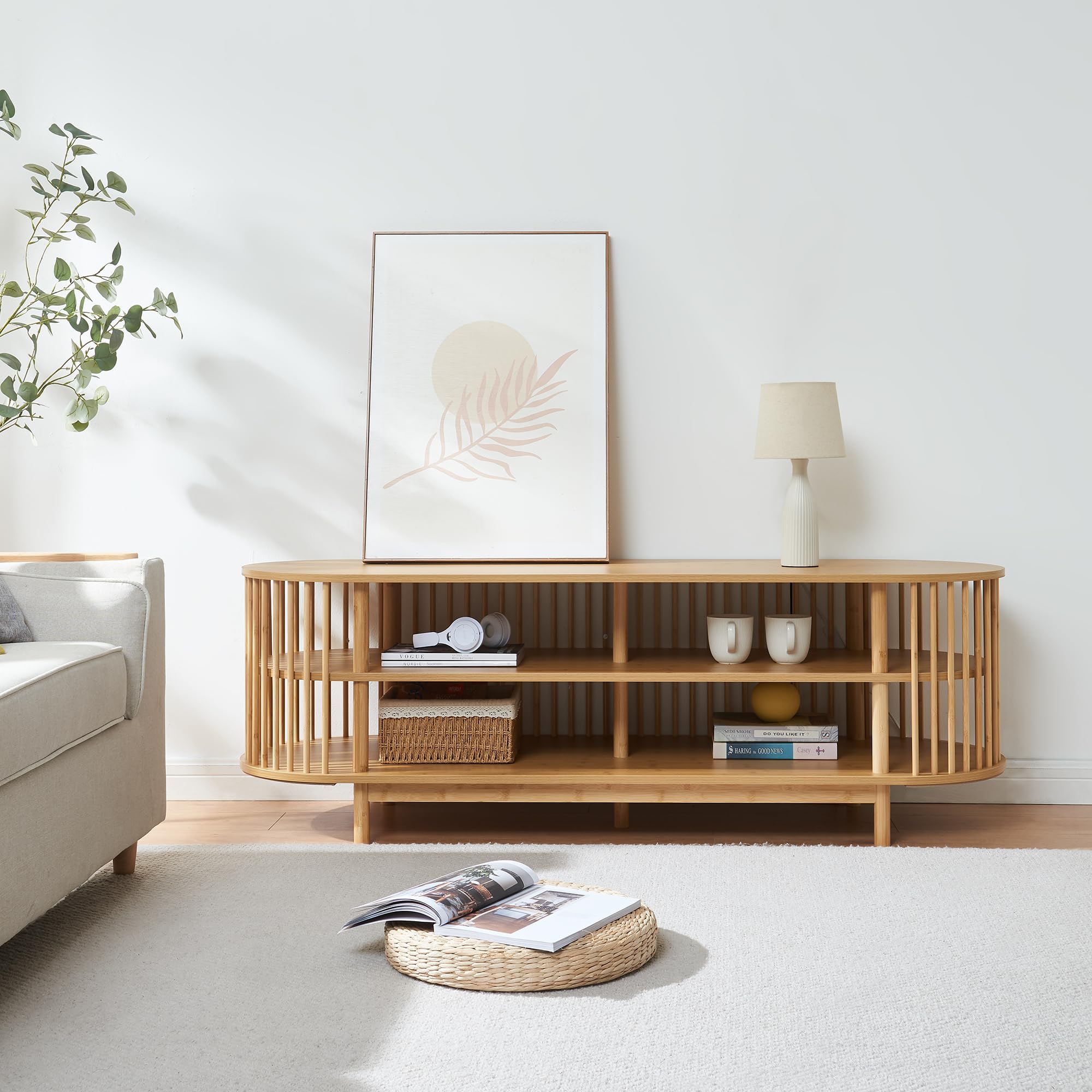 [en.casa] Stolik pod telewizor Jarvenpaa 150x48x50 cm z bambusa w kolorze naturalnym, szafka telewizyjna, stojak na TV, meble do salonu
