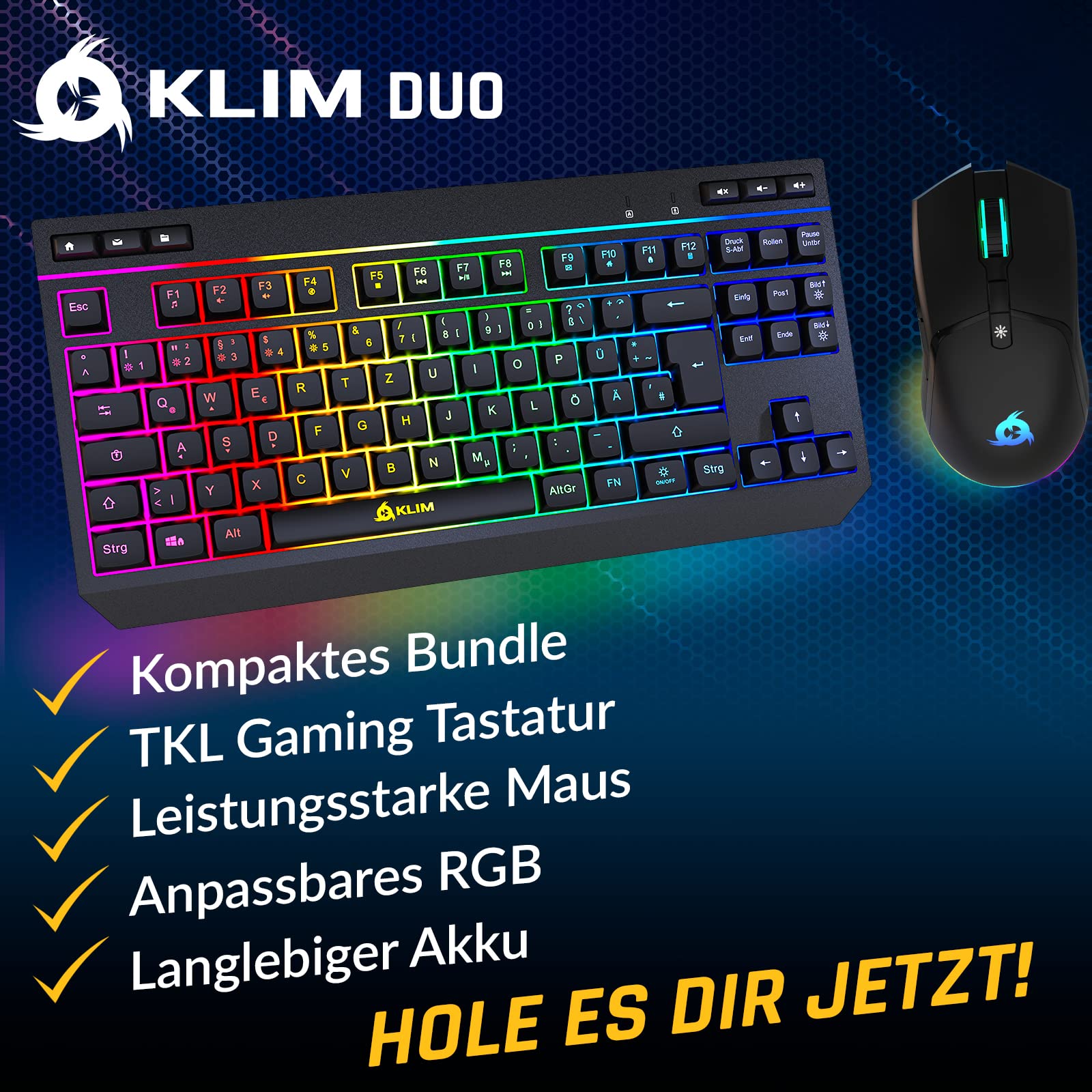 KLIM Duo – nowość 2023 – klawiatura bezprzewodowa – kompaktowa, wytrzymała, ergonomiczna – podświetlana klawiatura TKL bezprzewodowa – bezprzewodowa mysz i klawiatura RGB – trwała wbudowana bateria