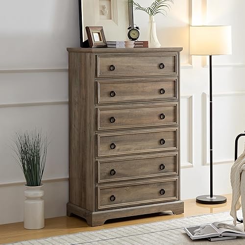 Henf Cómoda moderna de 6 cajones para dormitorio, cómoda alta de madera, organizadores de armario y almacenamiento de ropa, unidad organizadora de