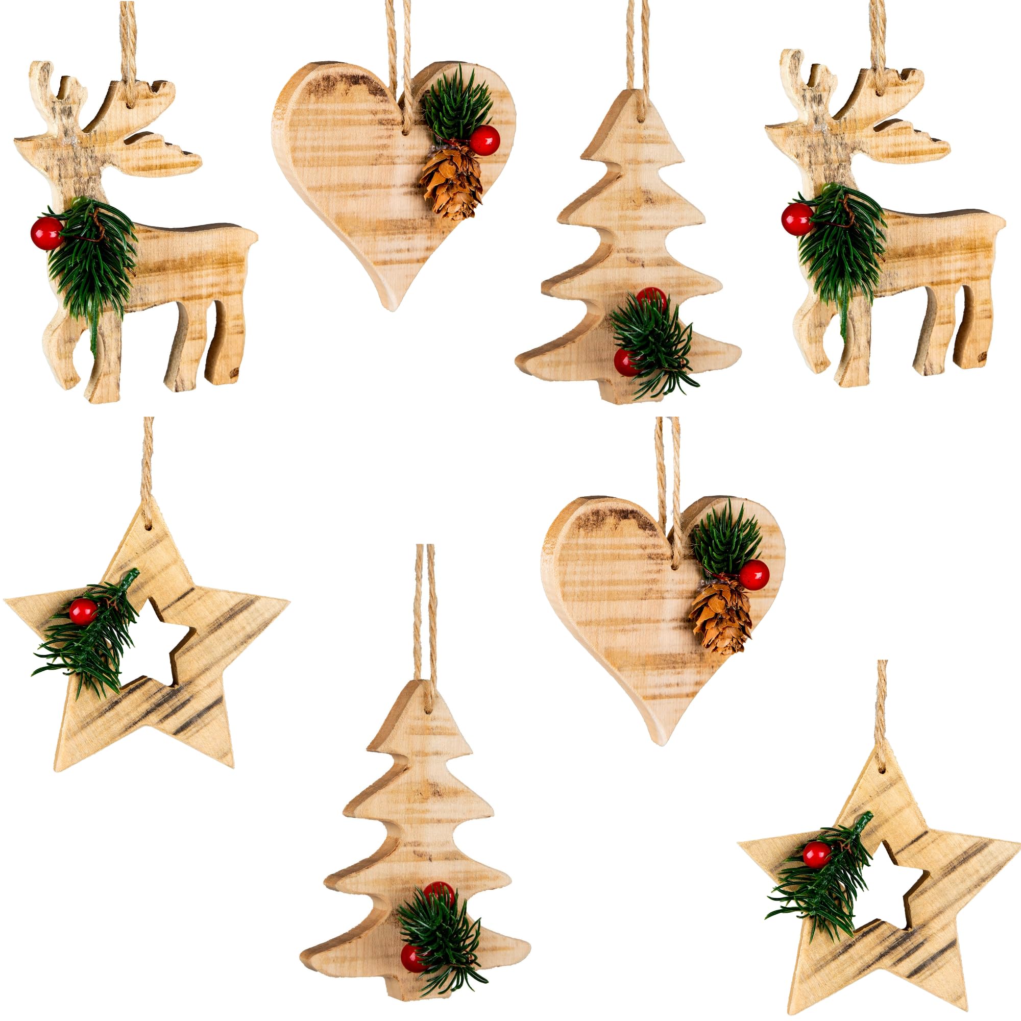B&Q -  8Pcs Wooden Craft Assorted ShapesHeart,tree,star,reindeerChristmas Tree Hanging Decorations